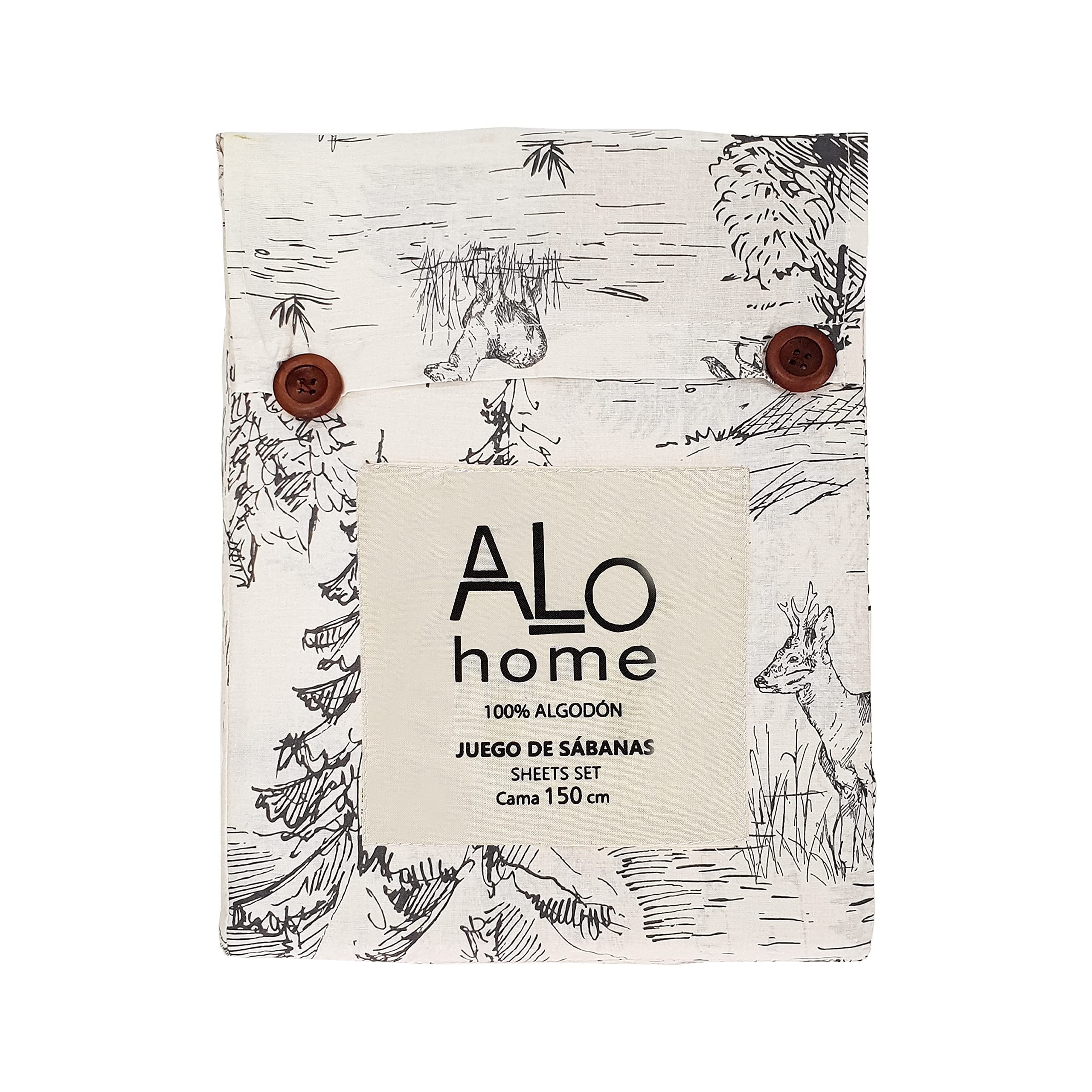 Juego de Sábanas 100% Algodón Suave – Estampado Toile de Jouy con Animales y Bosque – 3 o 4 Piezas: Bajera, Encimera y Fundas de Almohada – Cama 90, 135, 150 cm – Transpirables y Elegantes (CAMA 150)