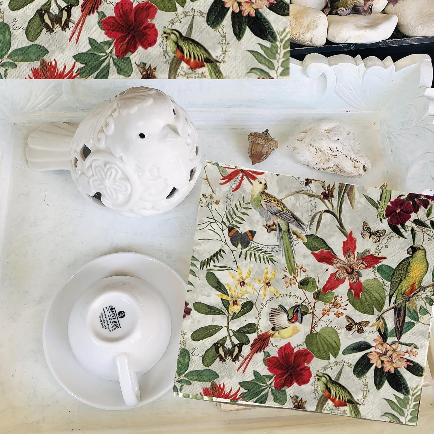 20-ct 6.5 Bird Flower Butterfly Napkins for Decoupage - Mother's Day Floral Paper Decorative Spring Napkins - Pretty Tropical Jungle Design
