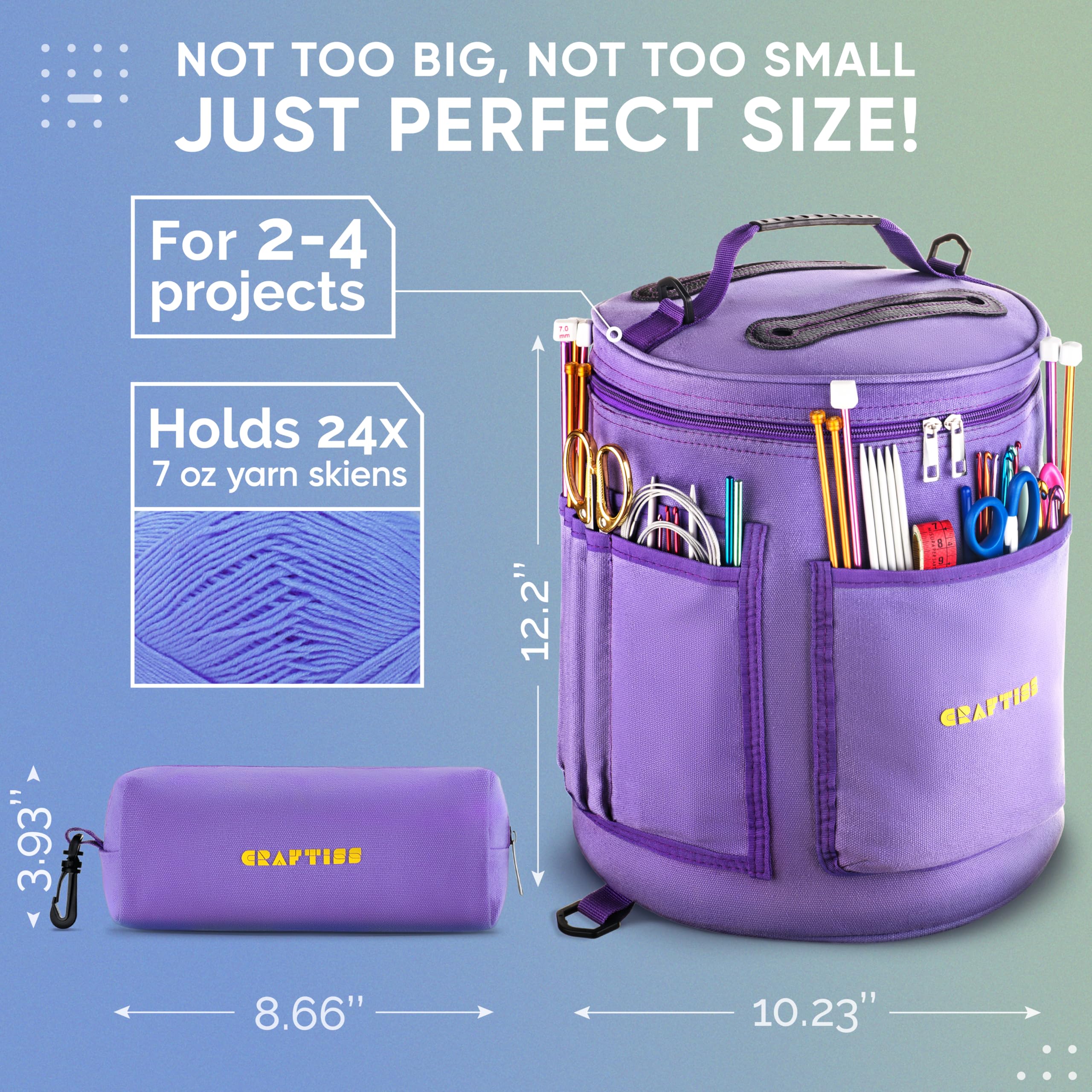 Borsa per Maglieria e Stoccaggio Filati - Migliore Borsa per Filati in Tela Durevole - Organizer per Lavoro a Maglia e Uncinetto con Custodia per Accessori per Maglieria