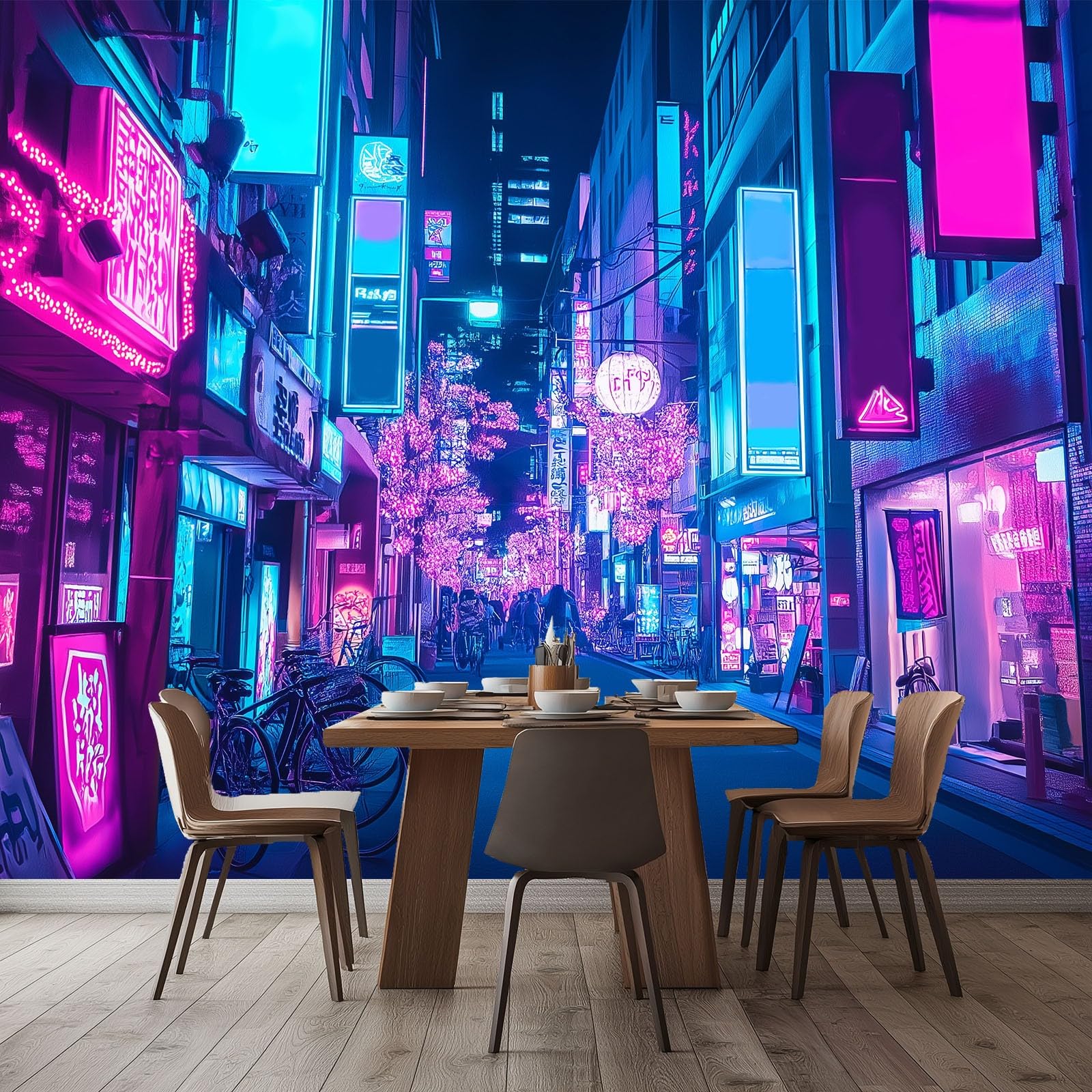 Générique Papier Peint 3D Panoramique Ville Néon Vue de Nuit Intissé Murale Tapisserie pour Salon Chambre Enfant Restaurant Couloir TV Fond Décor Mural 300 x 210 cm