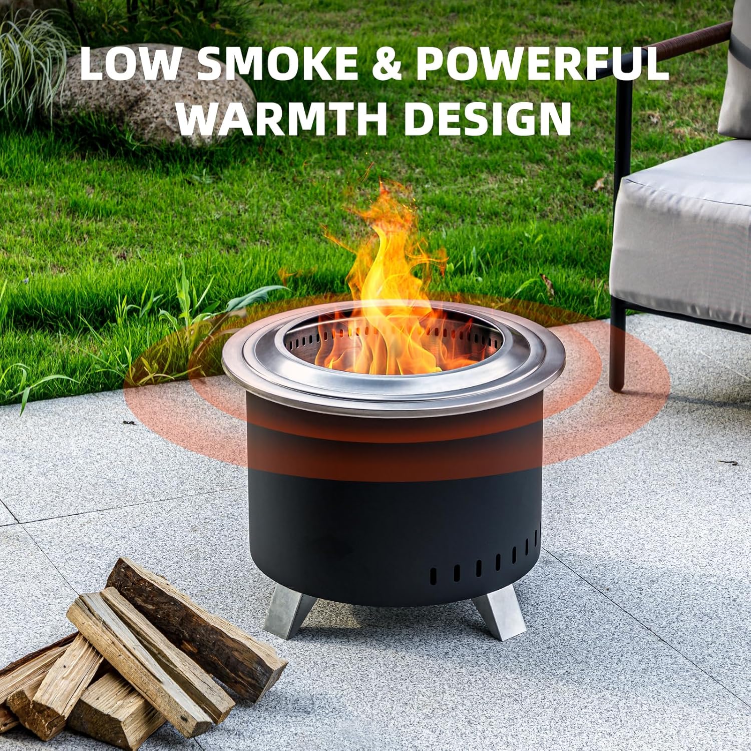 Smokeless Fire Pit,22 Inch Stainless Steel Firepit, Outdoor Wood Burning Fire Pit with Cover,Smokeless Firepits for Outside Backyard Patio Garden Camping Bonfire(Black)