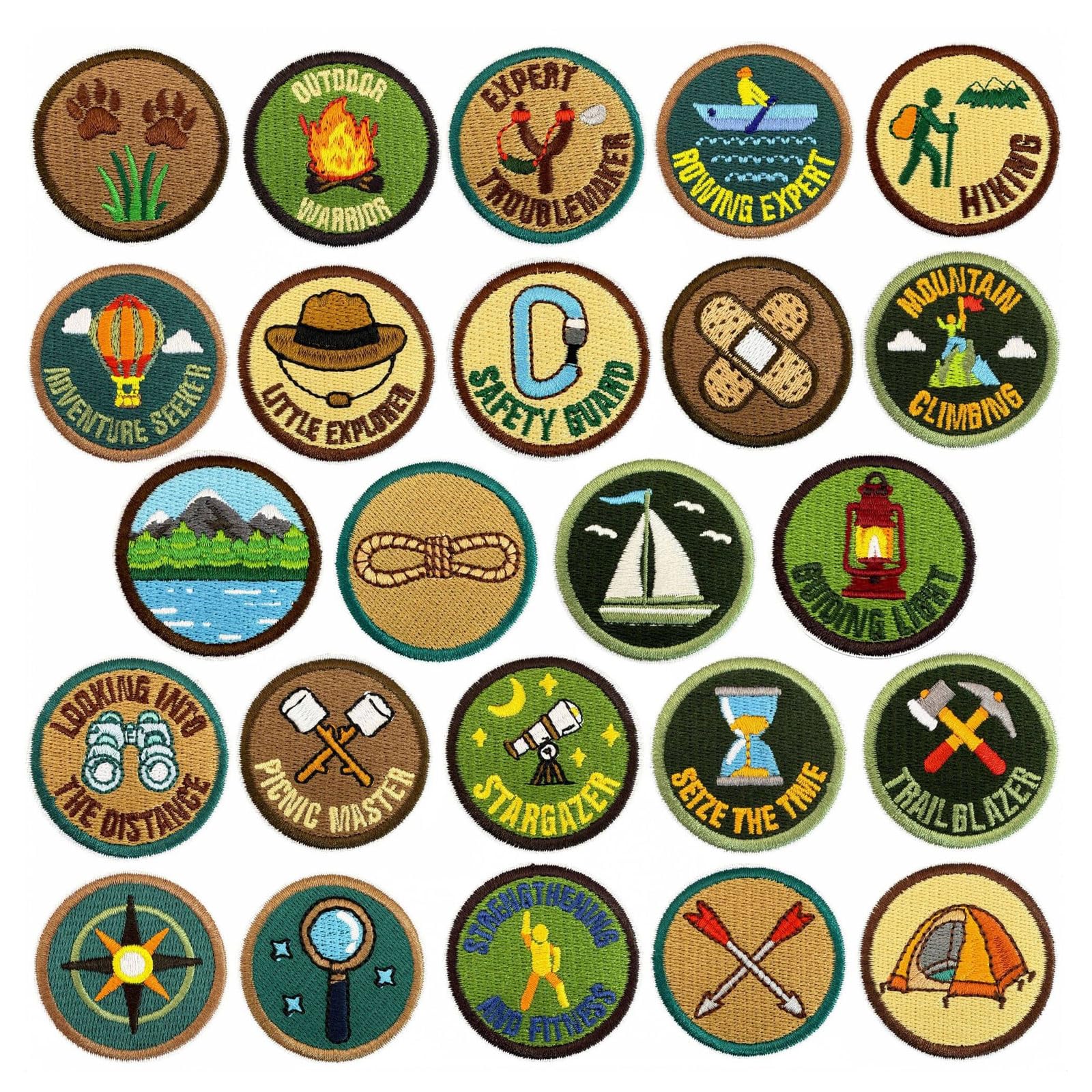 VelvetGlow 24 Pcs Camping Iron On Patches 2.17 Inch Adventure Outdoor Hiking Embroidered Patches Decoration Iron On Motif Applique Decor For Diy Costume Hats Backpack Camping Party Favors(Retro)
