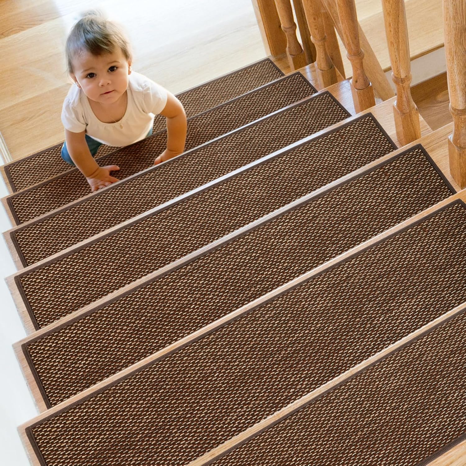 Stair Treads Non Slip for Wooden Steps Indoor 4 Pack 8″ X 30″ Carpet Stairs Runner for Wood Stairs, Stair Tread Rugs with Reusable Adhesive for Dogs Kids and Elders, Machine Washable, Brown