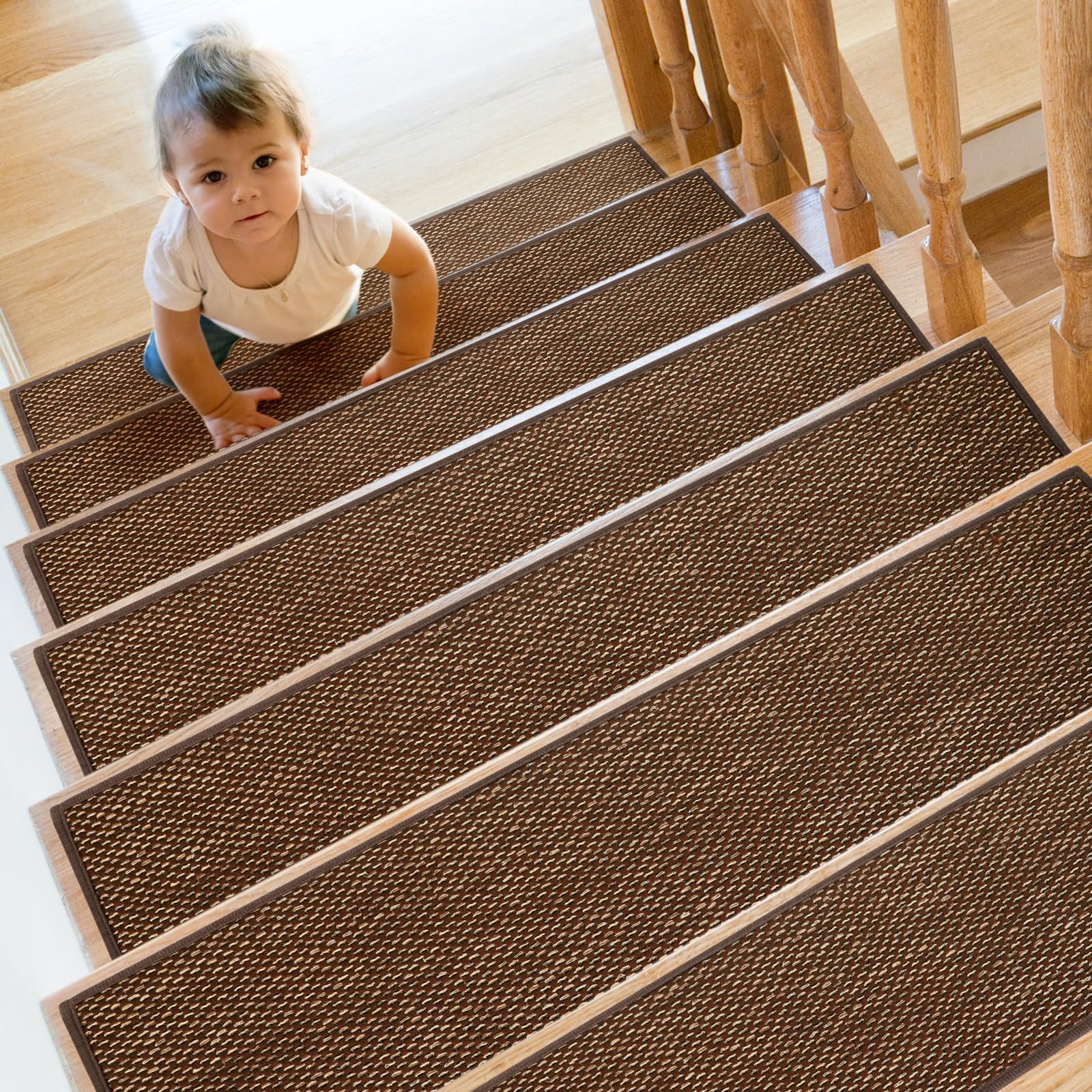 SMILOOL Natural Linen Non Slip Stair Treads for Wooden Steps Indoor, 8" x 30", 4 pcs, Brown