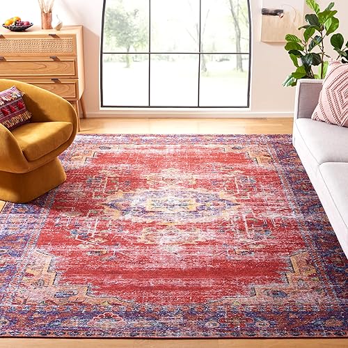 SAFAVIEH Tucson Collection - Alfombra de área de 8 x 10 pies, diseño rojo y azul marino, persa, no desprende pelusa, lavable a máquina y