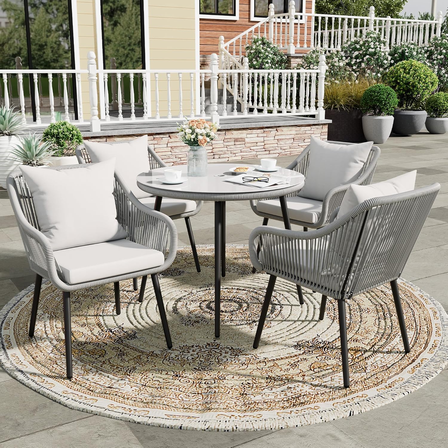Wisteria Lane 5-Piece Patio Dining Table Set, All Weather Twisted Rattan Furniture Set with Cushions, Outdoor Dining Table Chair Set with Umbrella Hole, Ideal for Backyard Balcony Deck Garden, Beige