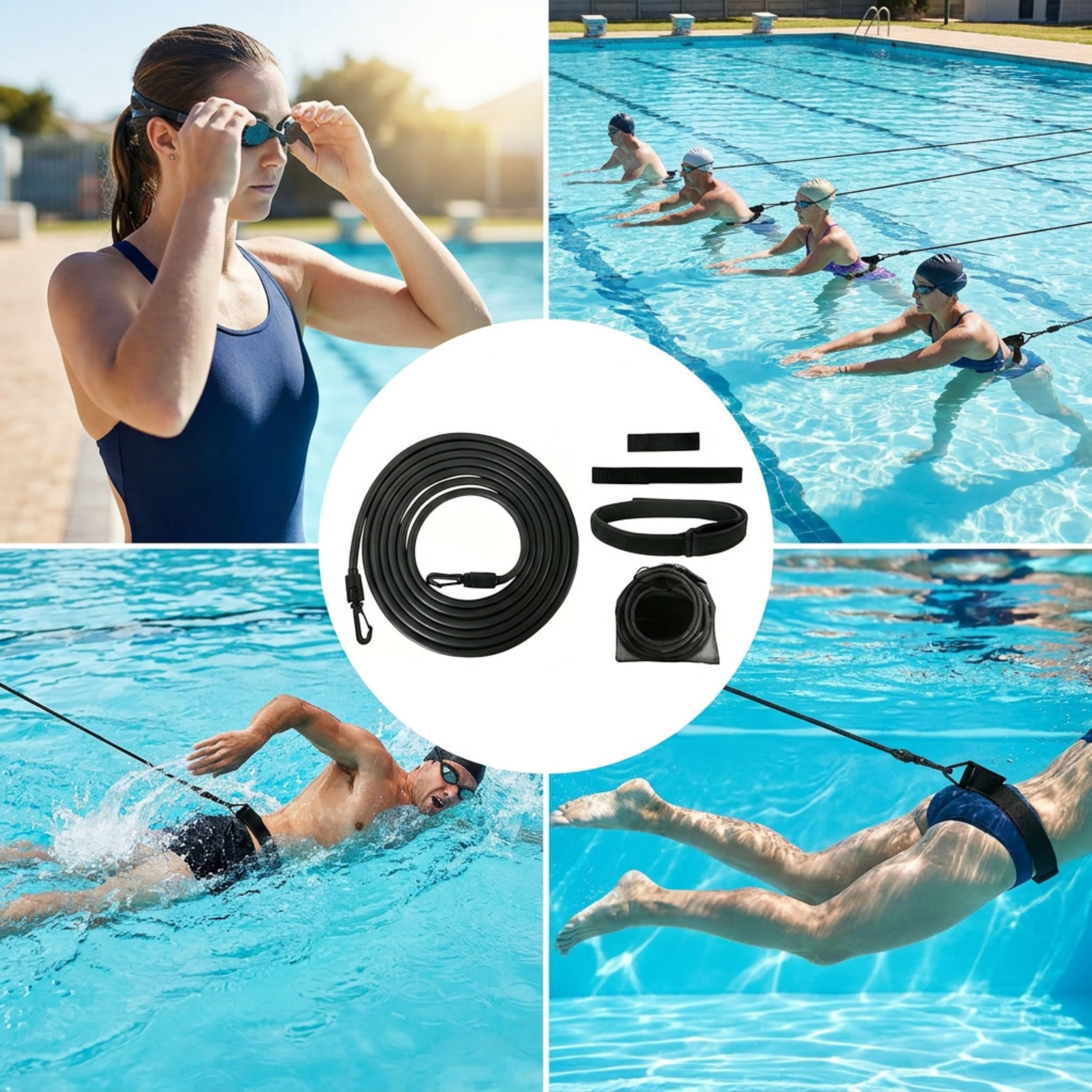 Schwimmgurt für Pool, 4M Schwimmhilfe Erwachsene Pool, Einstellbare Schwimmtraining Gürtel, Schwimmwiderstand Schwimmleine Durable für Schwimmbad Widerstandstraining
