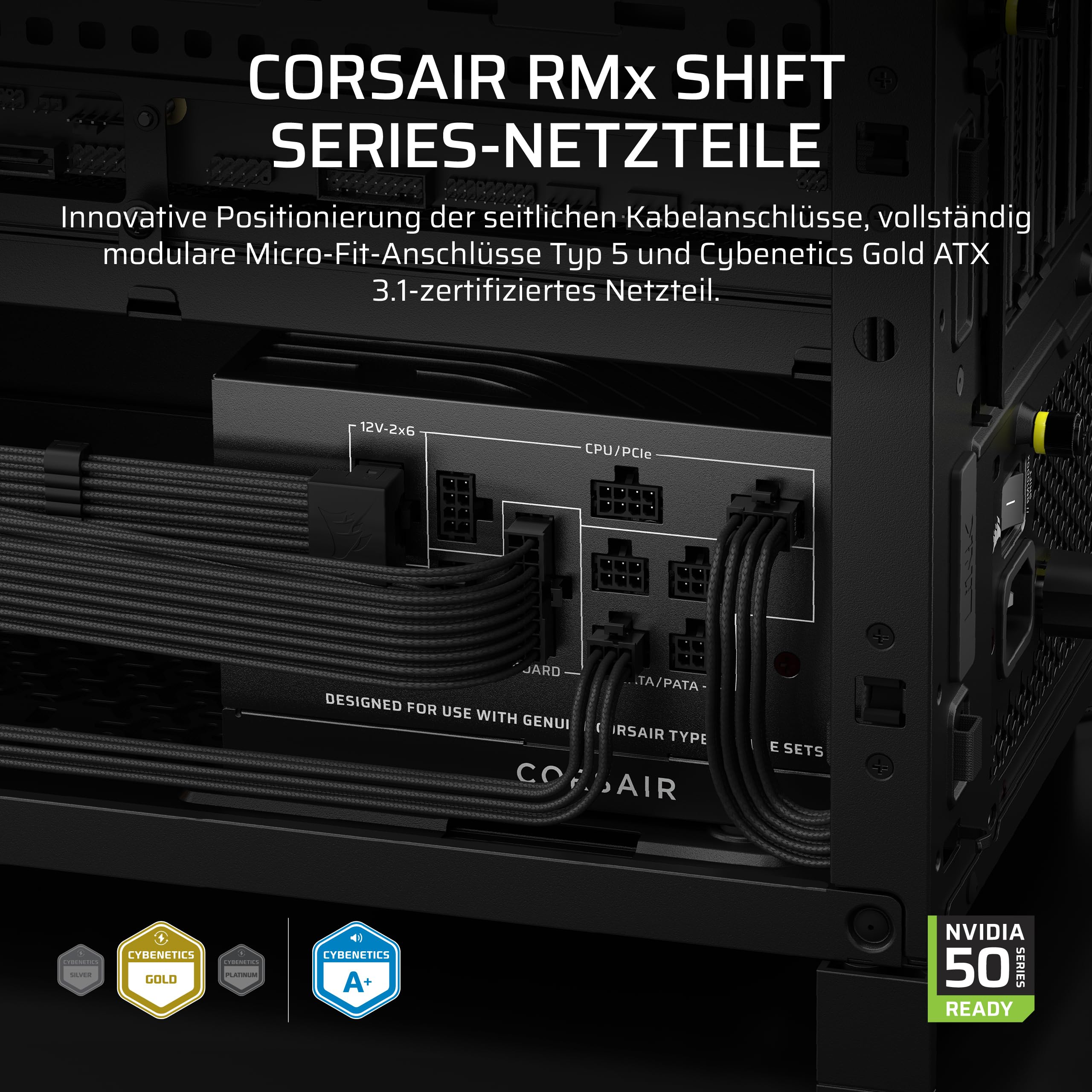 CORSAIR RM850x Shift (2025) Vollmodulares ATX-Netzteil – Modulare Seitenschnittstelle, 12-V-2x6-Kabel, ATX 3.1 und PCIe 5.1, Lüftergeschwindigkeit, 105°C-Kondensatoren, Cybenetics Gold – Schwarz