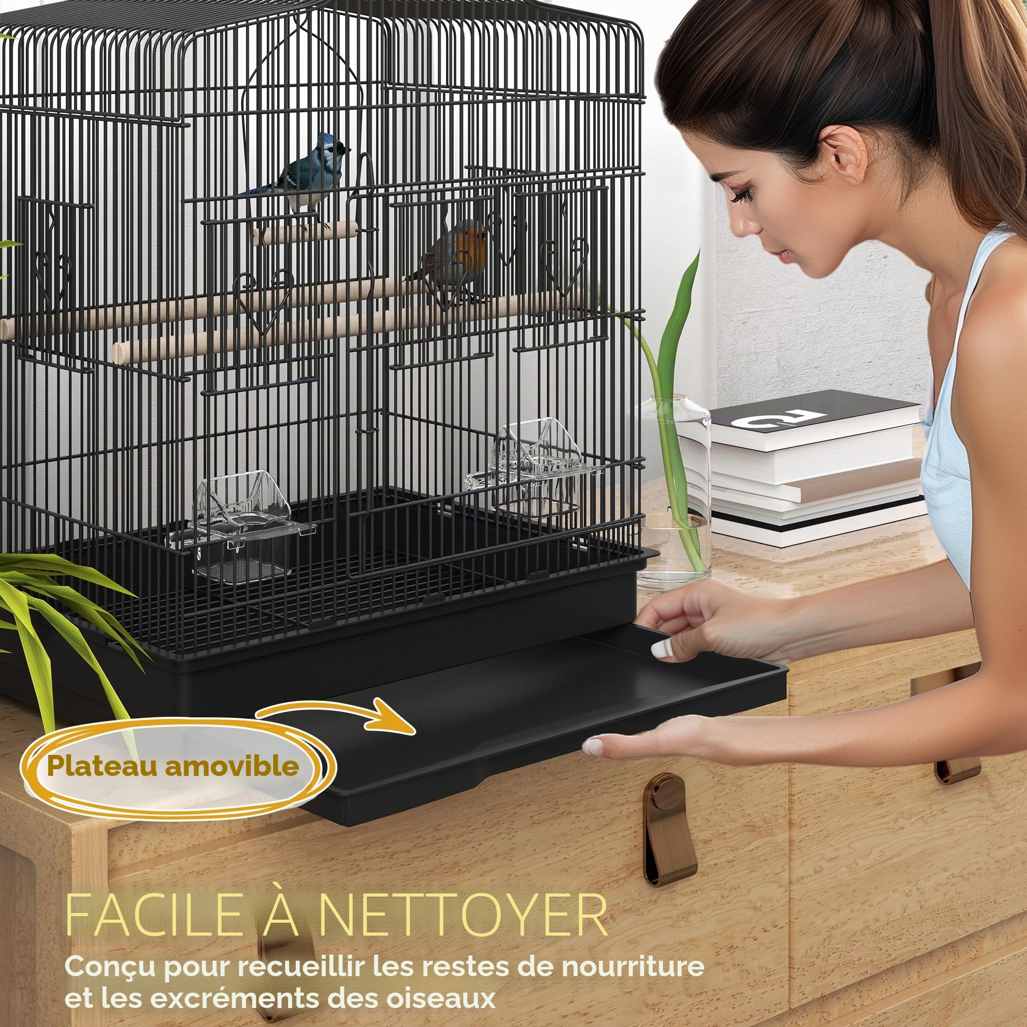 PawHut Cage à Oiseaux avec perchoirs pour Petit Oiseau 46,5x36x59 cm Noir | Gamelles, Balançoire, Cage à perroquet pour Budgie, Perruche
