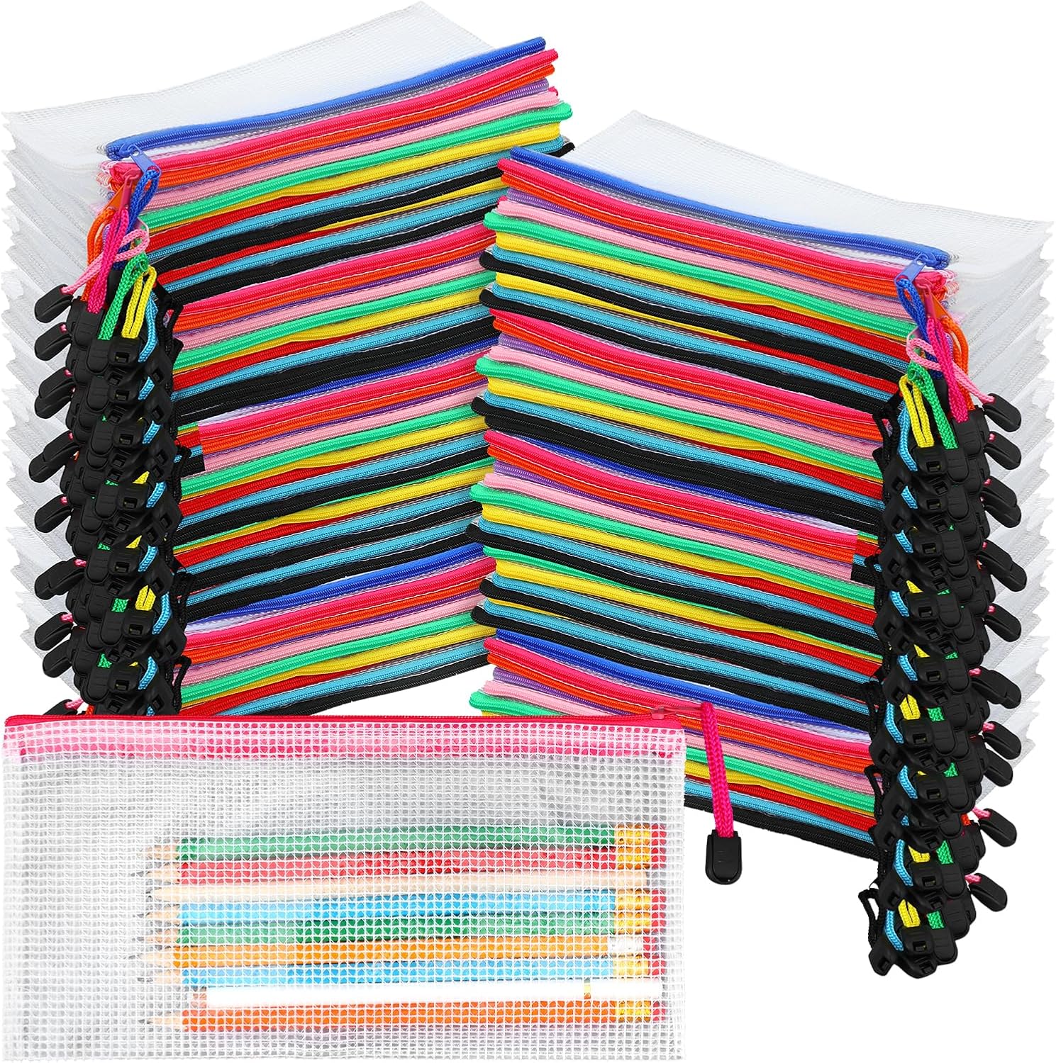 Kifmurase 100Pcs Pencil Pouches Bulk, 9.25'' x 4.5'' Mesh Zipper Pouch, 10 Colors Pencil Case, Small Clear Holder Storage Bag, Cosmetics Toiletry Bags for Office, File, Travel, Stationery
