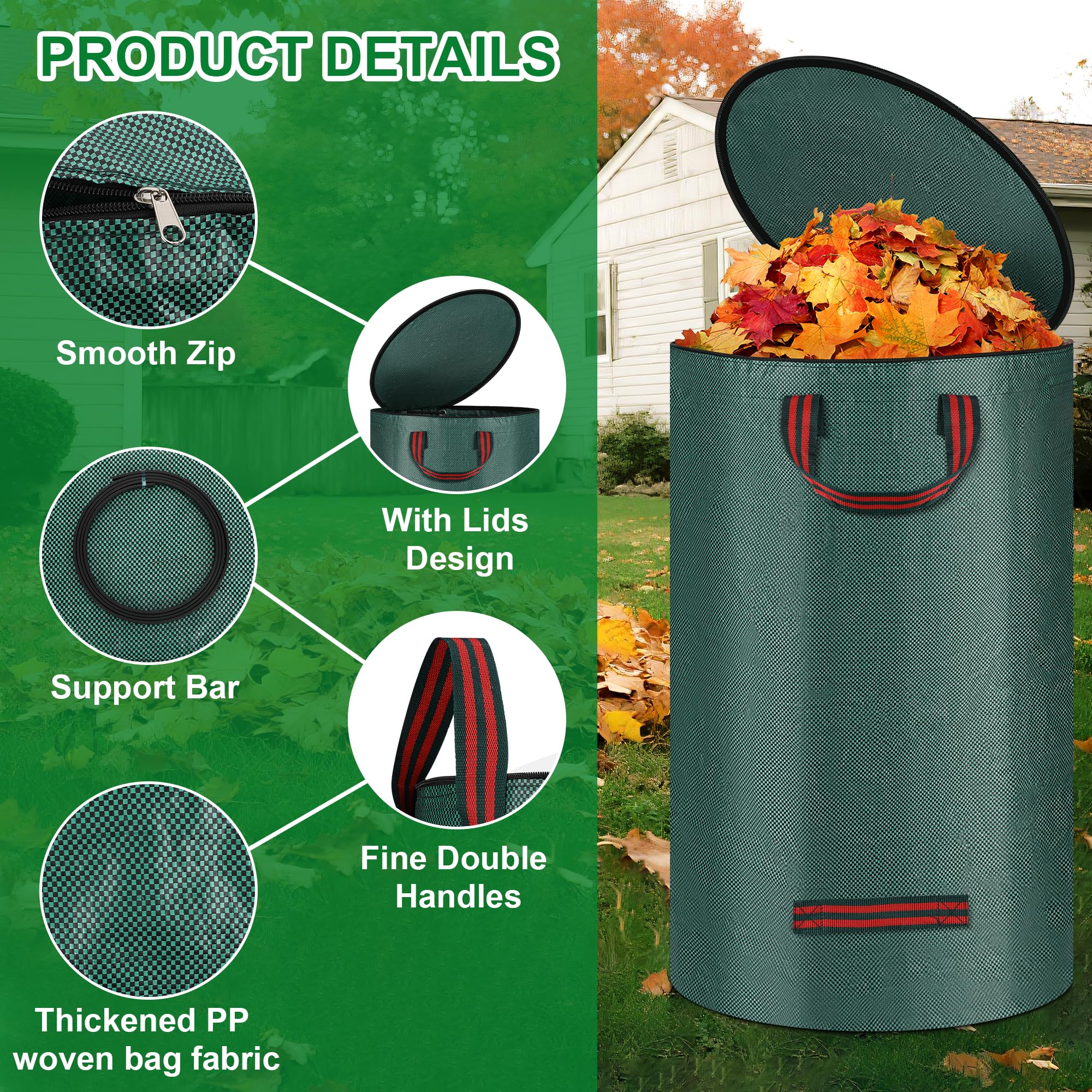 JAWELL Sacchi per Rifiuti da Giardino, 2 x 120L Sacchi da Giardinaggio con Coperchio, Sacchi per Raccogli Foglie da Giardino con Maniglie, Antistrappo, Idrorepellente, per Foglie, Rifiuti Verdi