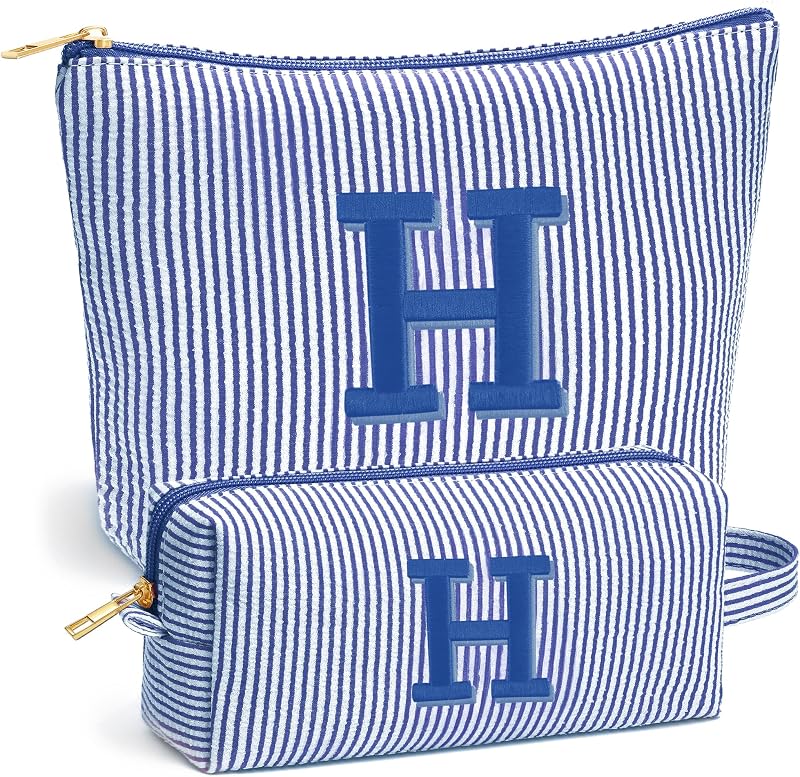 Necessaire de maquiagem Fohufo azul com inicial H e bolsa pequena, conjunto com 2