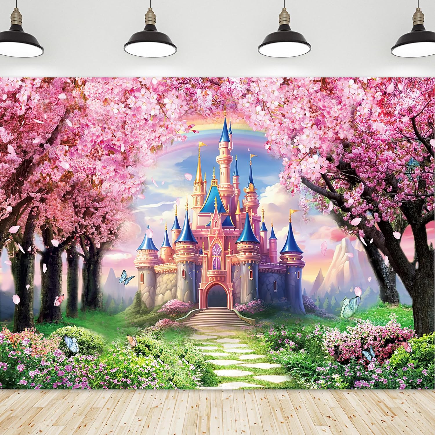 Riyidecor Princess Castle Backdrop Vinyl Pink Sakura Rainbow Flowers Floral Fantasy Fairy Tale Wonderland 10Wx8H Feet Butterfly Photography Background Birthday Wedding Party Photo Studio Shoot 10Wx8H Castle