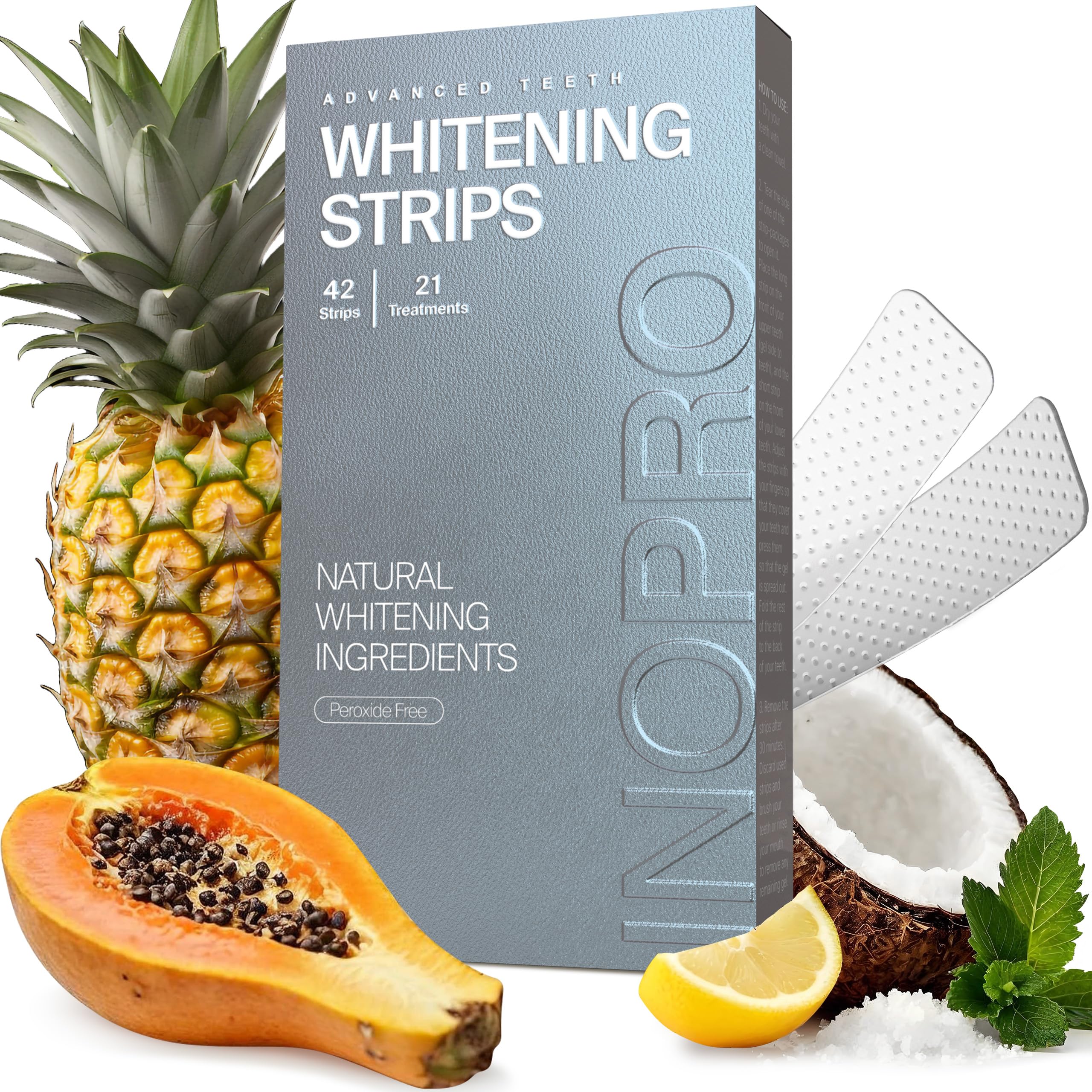 InoPro Natural Teeth Whitening Strips Kit 14 Treatments - Sensitive Teeth Whitener, Peroxide Free with Papain, Bromelain, Coconut Oil, White Strips for Teeth Whitening (28 Strips): 42 Count (Pack of 1)