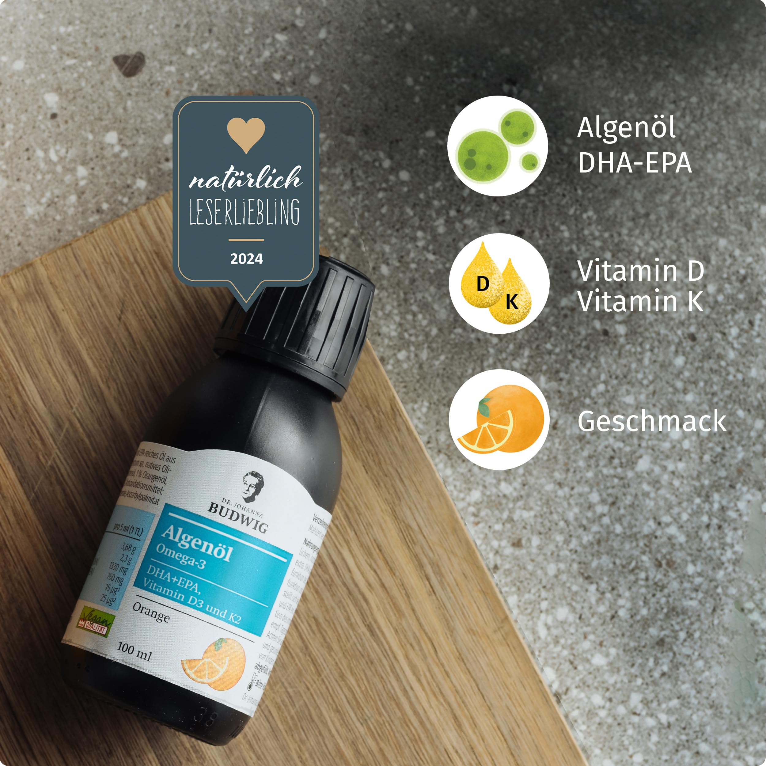Dr. Budwig Premium Omega 3 Algenöl Vegan Orange (100ml) | Hochdosiert - 2300mg natürliches DHA, DPA & EPA - Vitamin D3 und K2 - flüssig - laborgeprüft - Alternative Fischöl