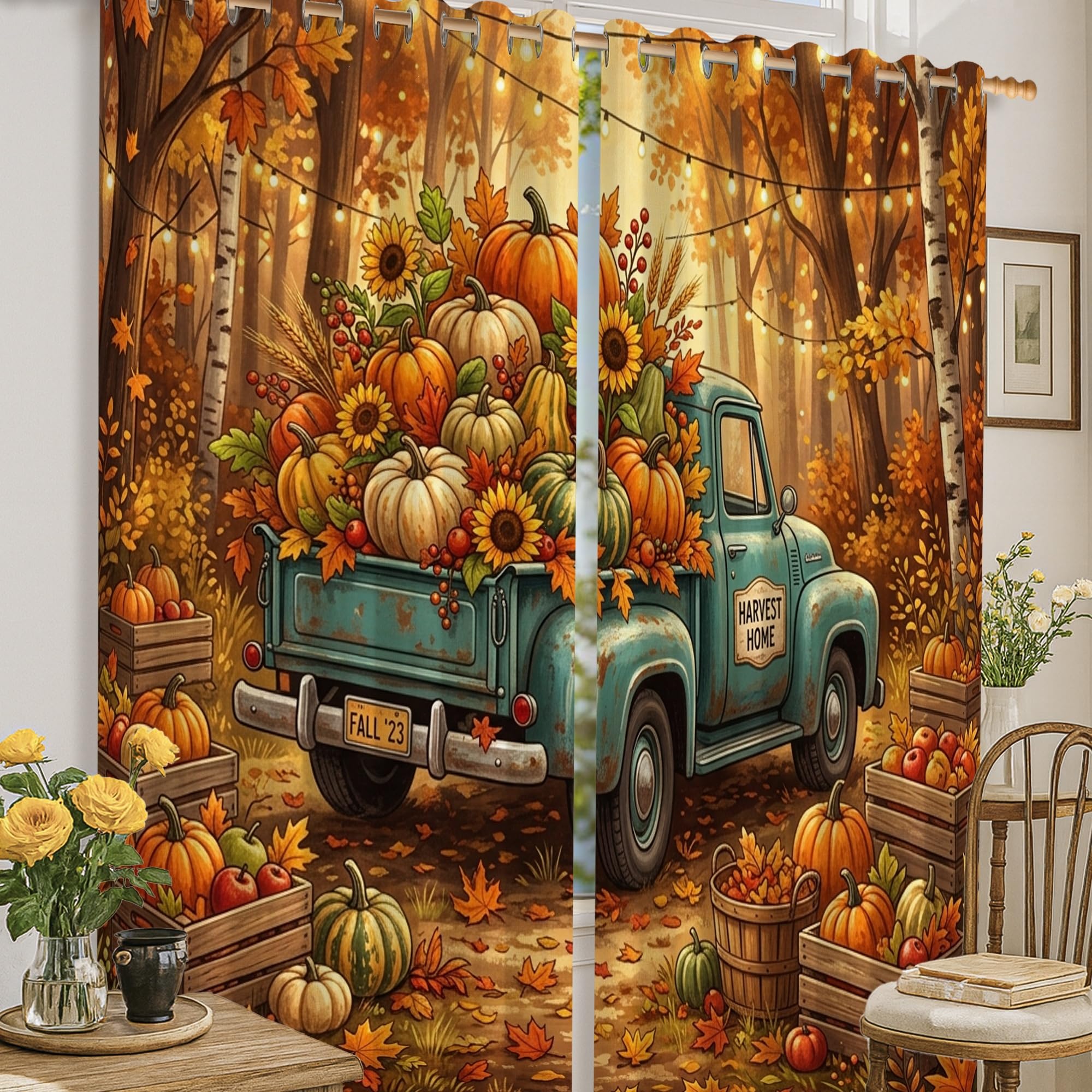 Rideaux occultants rustiques orange automne 132x160 cm pour maison