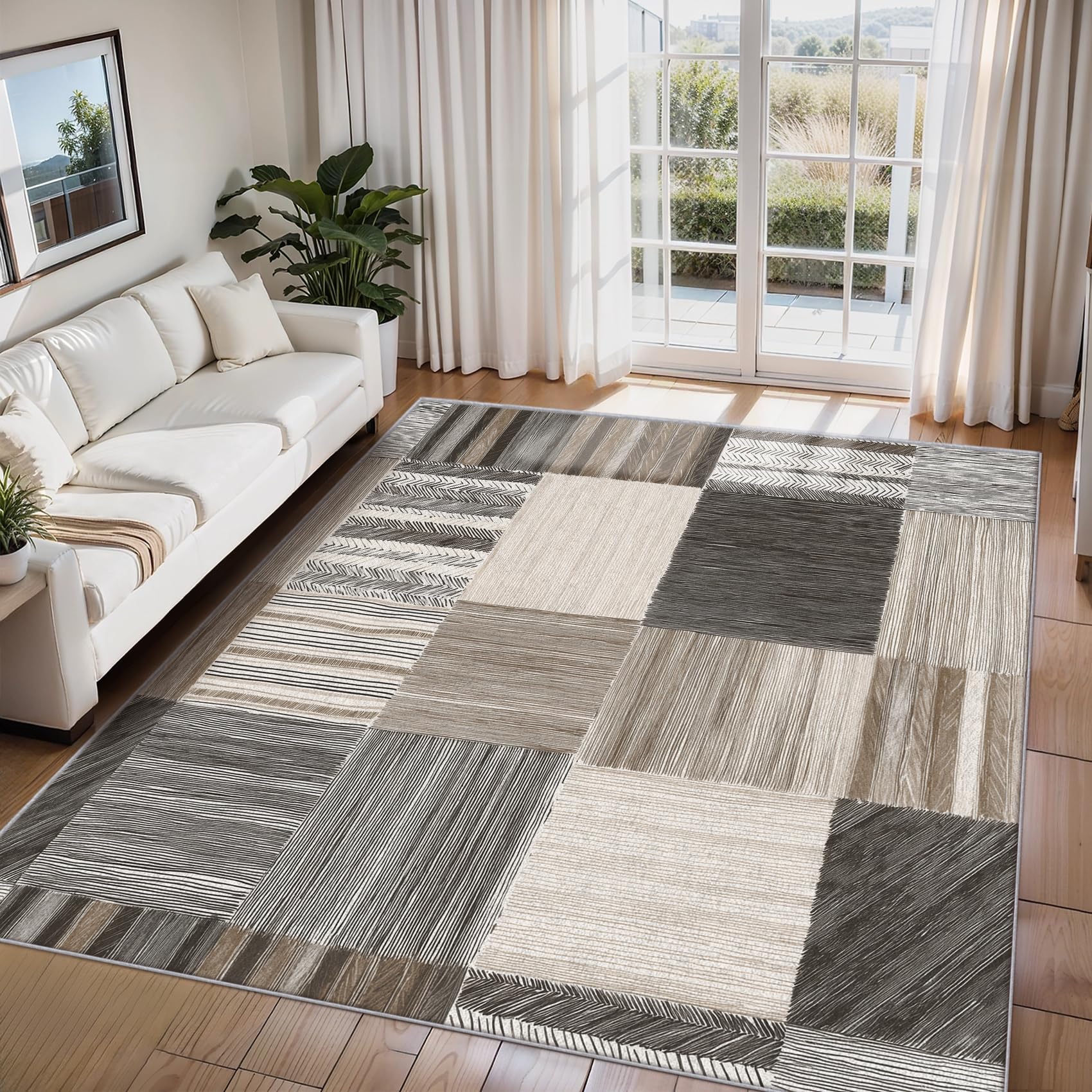 Tappeto moderno geometrico patchwork 90x120 cm antiscivolo lavabile per interni per soggiorno, camera da letto e ufficio, grigio beige