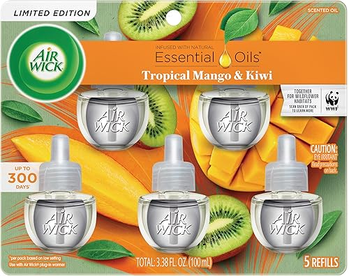 Air Wick Repuesto de aceite perfumado enchufable, 5 unidades, mango fresco y kiwi, ambientador, aceites esenciales, colección Spring
