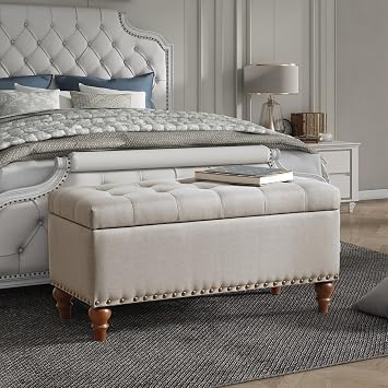 Ottoman Storage Bench, recessed Support Hinge top Easy to Open, Rivet Trim Around, Bedroom, Entrance, Living Room, Linen Beige