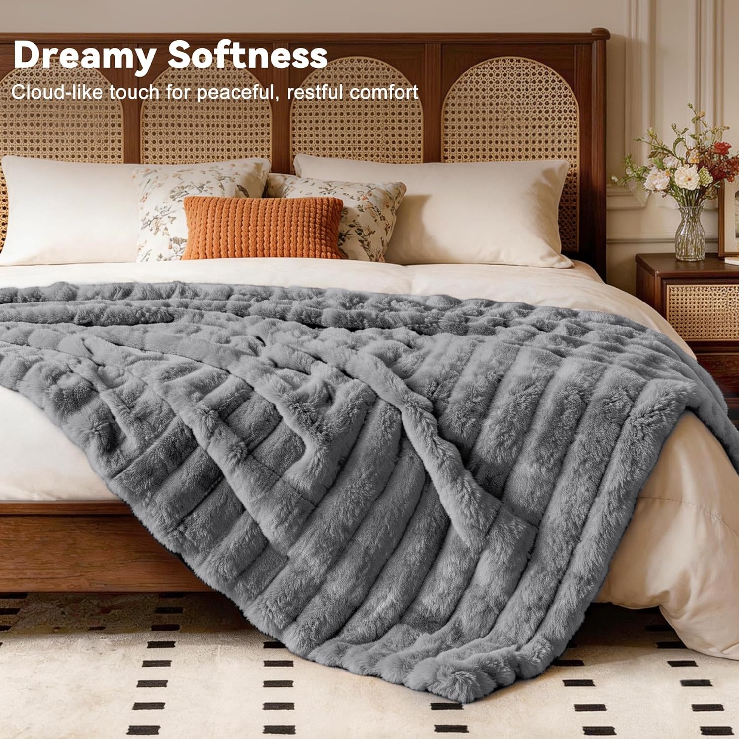 Faux Fur Throw Blanket for Couch, 850GSM Cozy Soft Plush Thick Striped Luxury Blanket for Sofa Living Room Bedroom,50 * 60 Inches, Grey