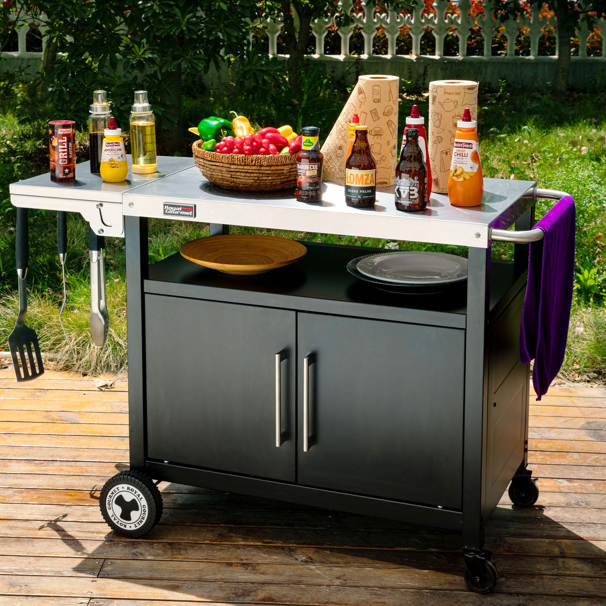 Royal Gourmet Carro de Barbacoa con Mesa Lateral Plegable, Mesa de Barbacoa con asa, Armario bajo, Carro para Barbacoa con Tablero de Acero Inoxidable, Carrito para Servir con Ruedas