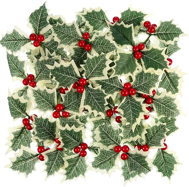 mciskin 12 Pieces Artificial Holly Berry with Green Leaves for Christmas Wreath Arrangement Cake Toppers Craft Wedding Party Decorations (Red)