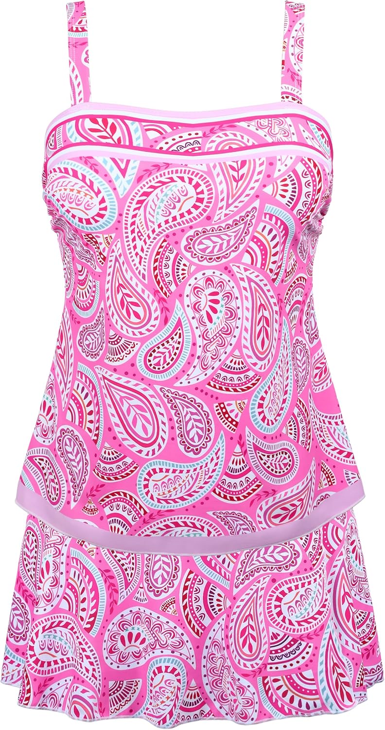Hilor Women's Tankini Swimsuits Tummy Control Bathing Suits Vintage Two Piece with Skirt Modest Slimming Swim Dress