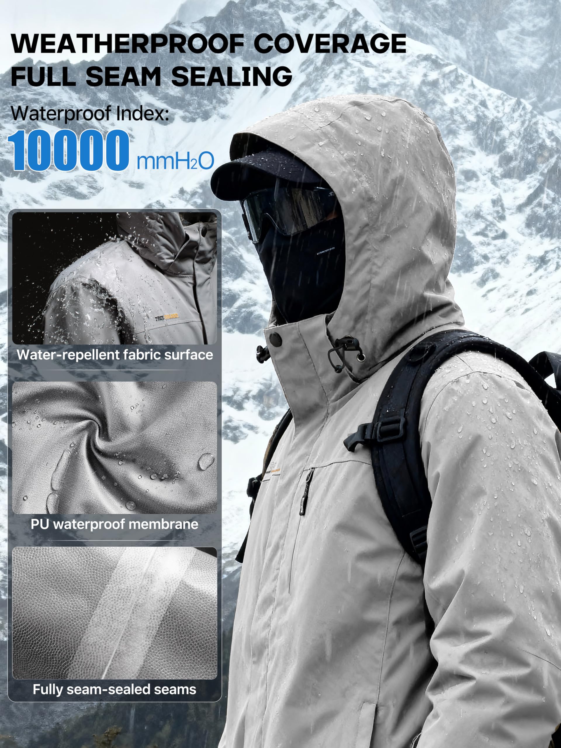 FREE SOLDIER Giacca da sci da neve impermeabile da uomo, foderata in pile, calda giacca invernale con cappuccio, cuciture completamente nastrate (grigio chiaro, M)