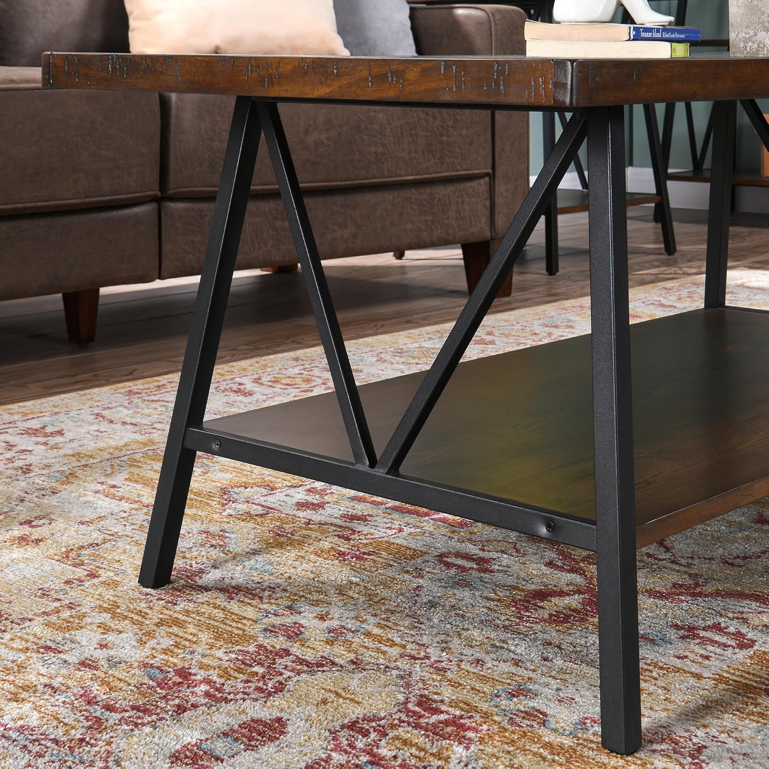 2-Tier Rectangle Solid Wood Coffee Table, Industrial Cocktail Table with 2-Tier Storage Shelf for Living Room Office Apartment - Black Metal Frame & Dark Walnut Pine, 43.3"L x 21.7"W x 17.9"H