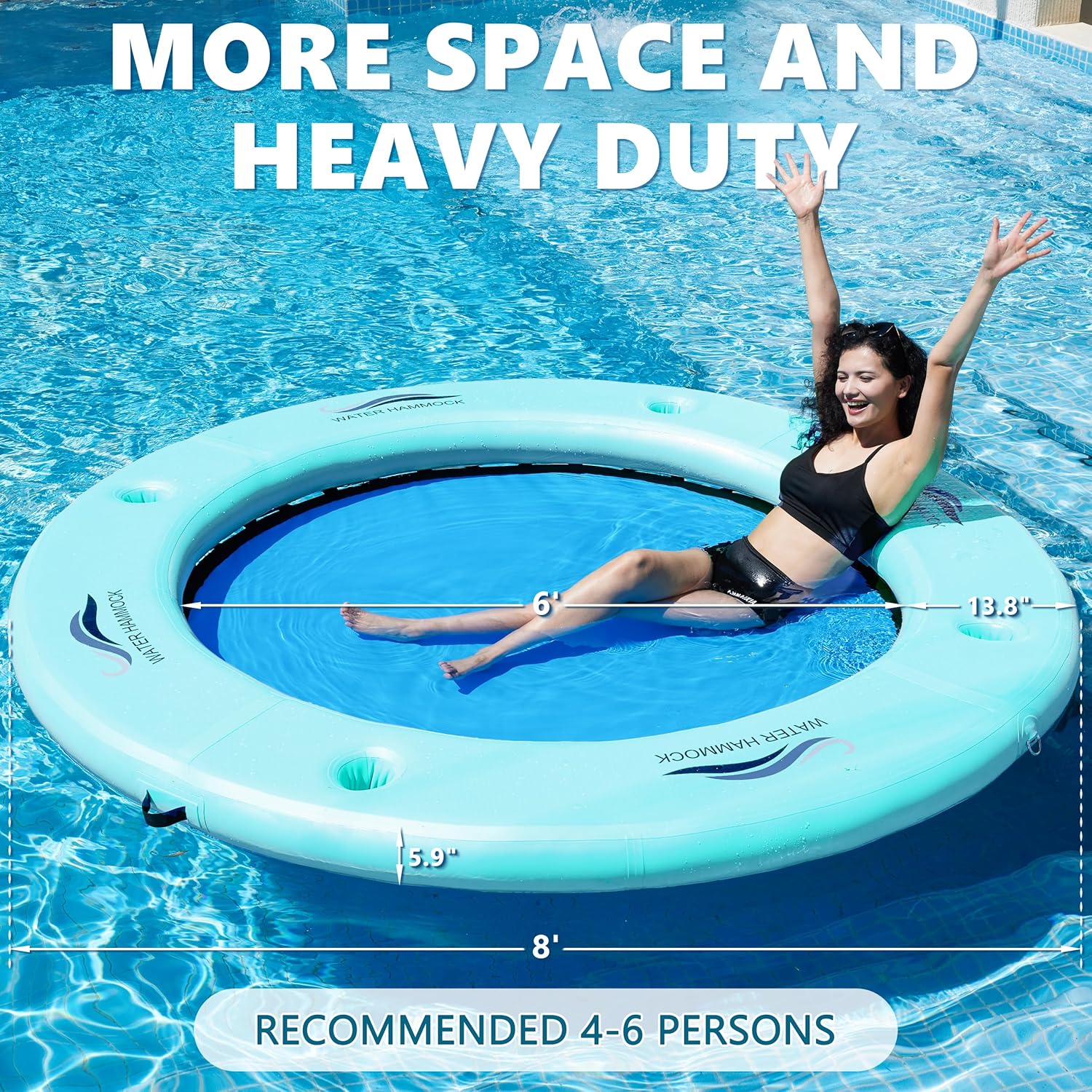 HUATEAN Sun Chill Float Ring for Adults Heavy Duty, 8ft Round Inflatable Water Hammock for Summer Party, Inflatable Dock Floating Platform, Inflatable Floating Dock for Lake, Pool, Mesh Ring Float