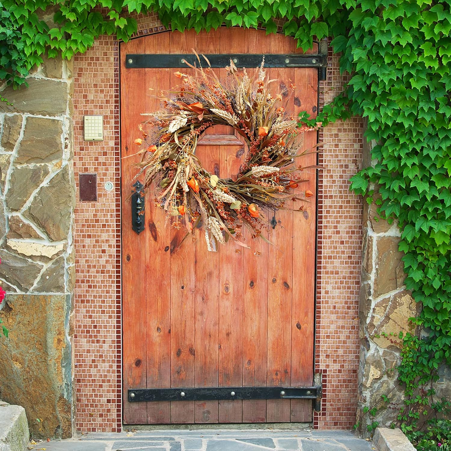 Goosacyon 24 Inch Fall Wreath Front Door Wreath, Grain Wreath Faux Wheat Garland Decor Harvest Wreath Fall Door Reefs Decorations for Thanksgiving Wall Wedding Orange