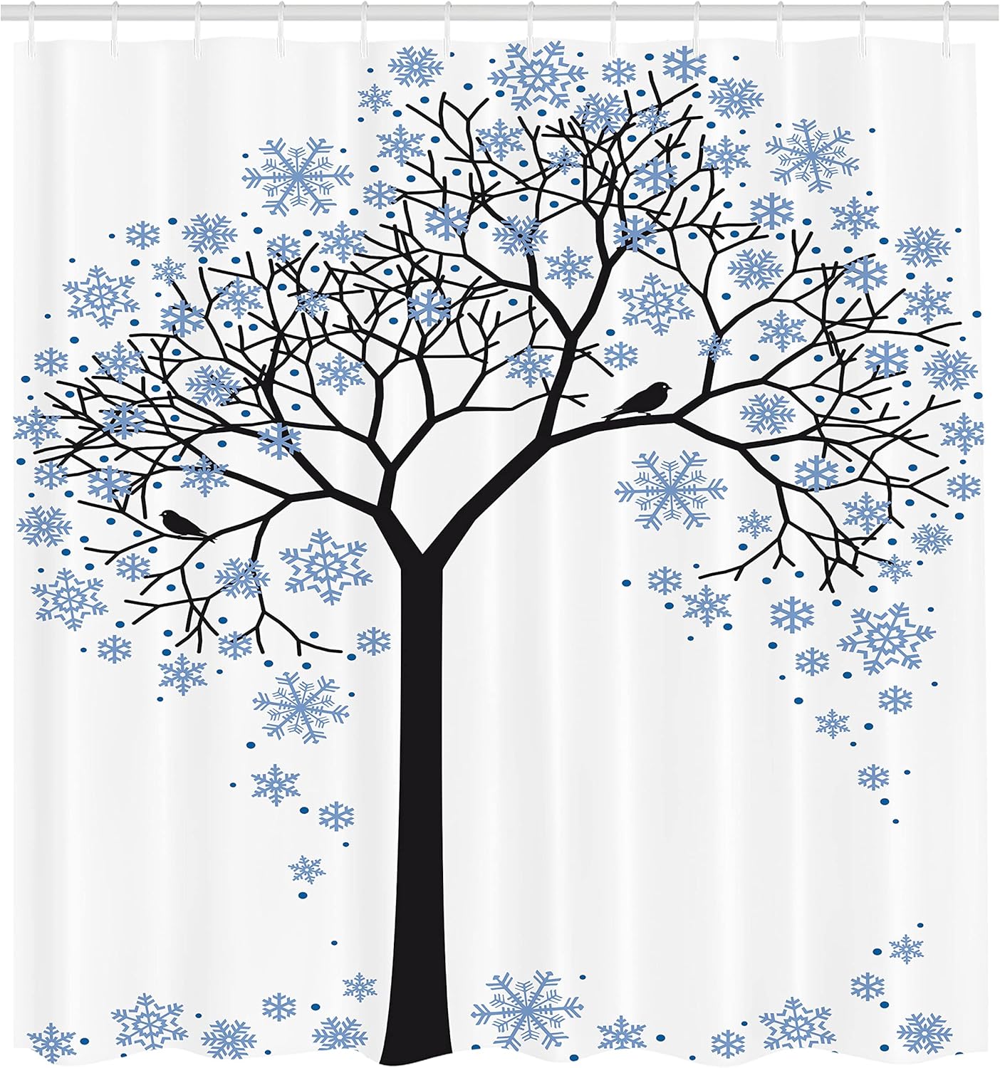 Ambesonne Winter Shower Curtain, Barren Tree Silhouette with Snowflake Leaves Hand Drawn Interpretation Snow Season, Fabric Bathroom Decor Set with Hooks, 69" W x 70" L, White and Blue