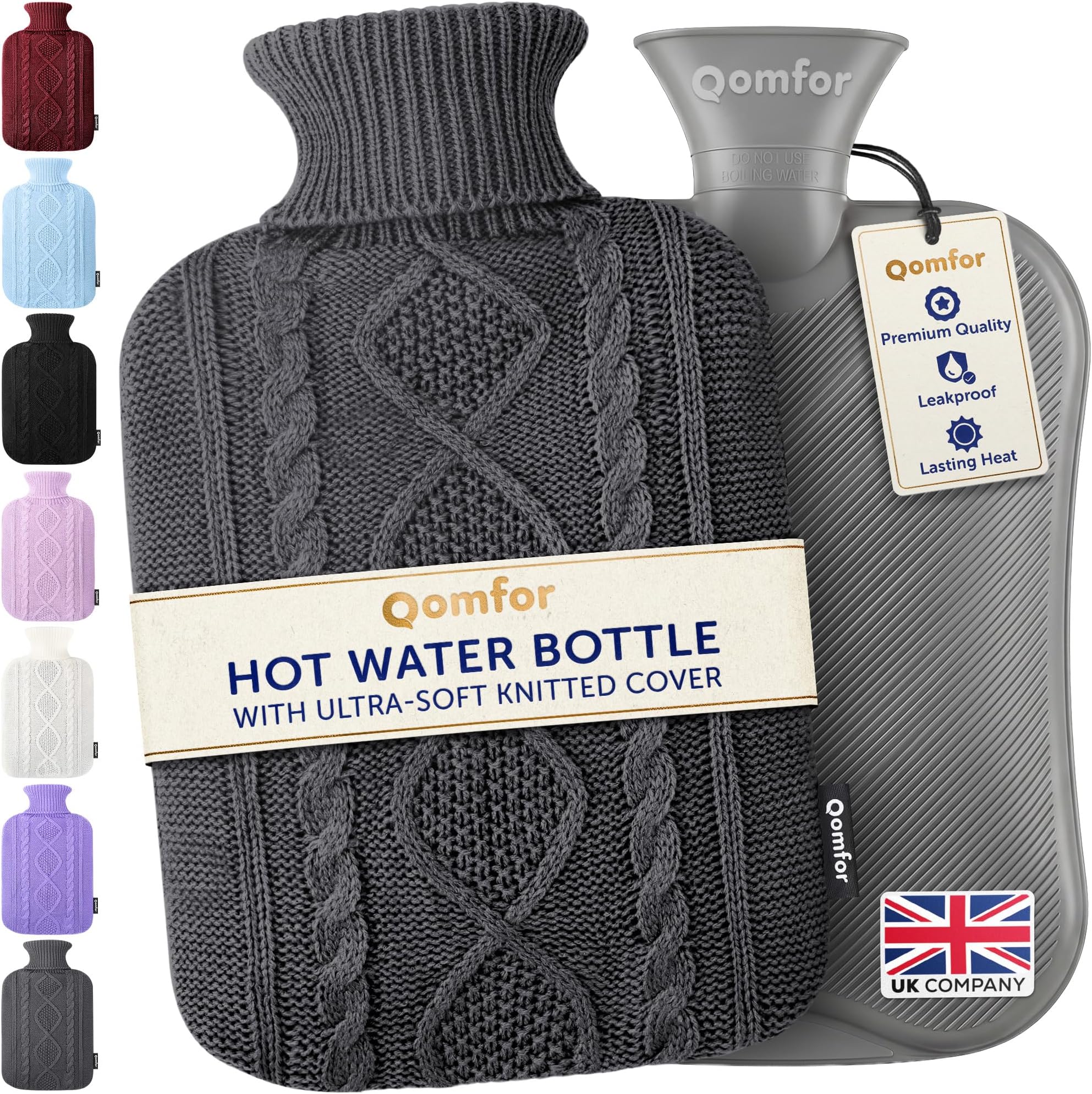 Hot Water Bottle with Soft Knitted Cover, Heat/Cold Pad, Dark Grey, 2L