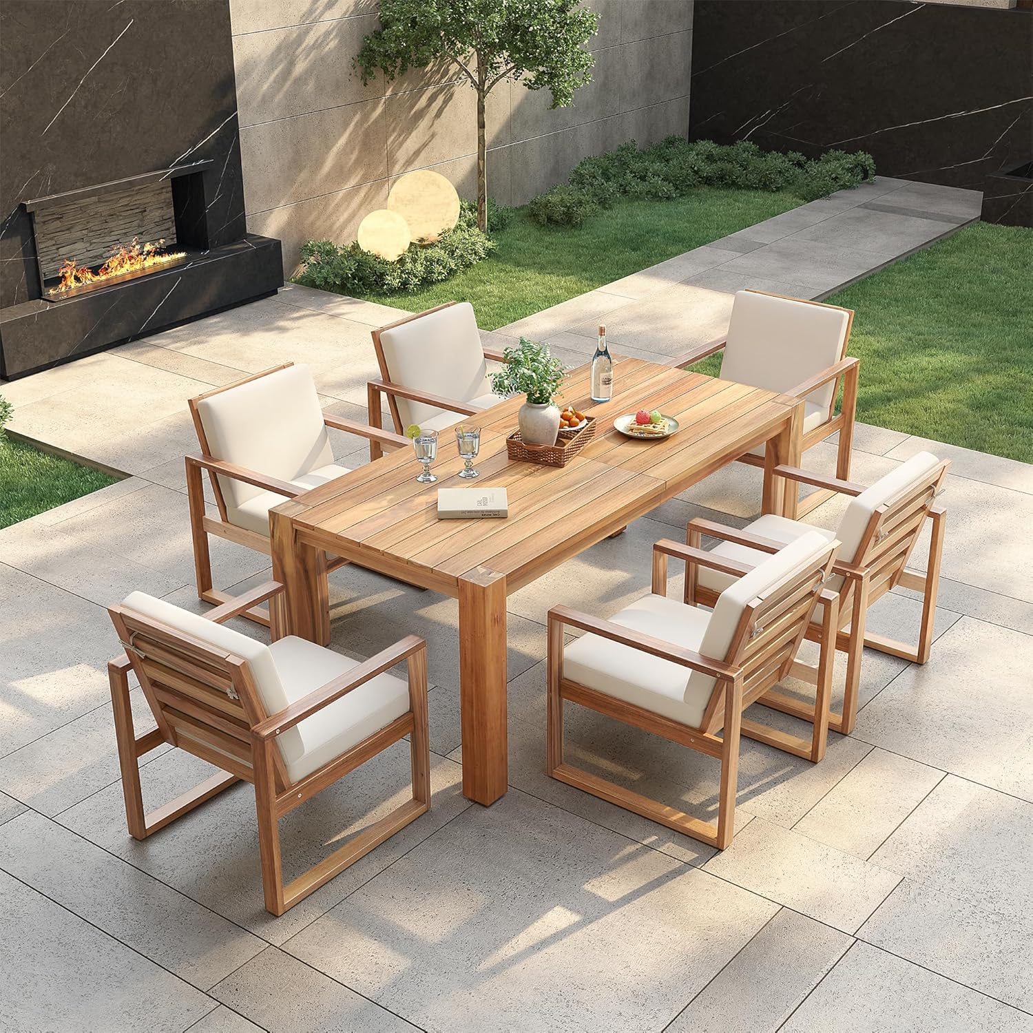 7 Piece Patio Dining Table Set with Umbrella Hole, Outdoor Acacia Wood Furniture Set with Removable Cushion for Garden, Backyard, Lawn, Poolside (Beige,Light Teak)