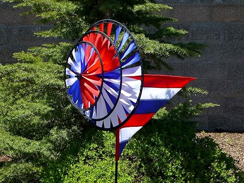 Miniatura 2 de In the Breeze Spinner de jardín patriótico de triple rueda con vela de viento, rojo, blanco y azul, 2835