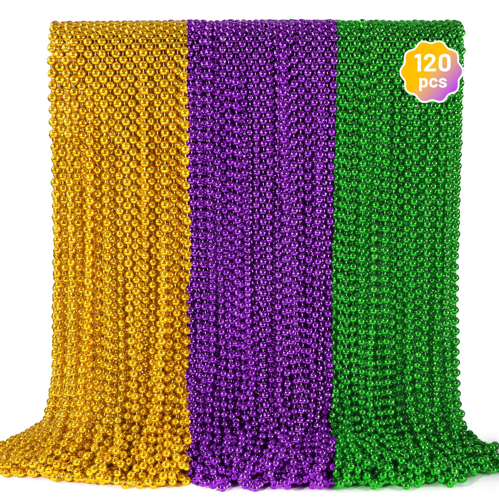 120 PCS Mardi Gras Beads Necklaces, Gold Green Purple Metallic Bead Necklaces 33” Mardi Gras Beads Necklaces Accessories Bulk Party Beads Necklaces for Mardi Gras Party, Throw Beads Party Favors
