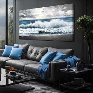 Blue Beach Wall Decor for Bedroom Ocean Canvas Wall Art for Living Room Large Size,Office Corridor Apartment Wall Paintings Ready to Hang 29 x 58 Inch