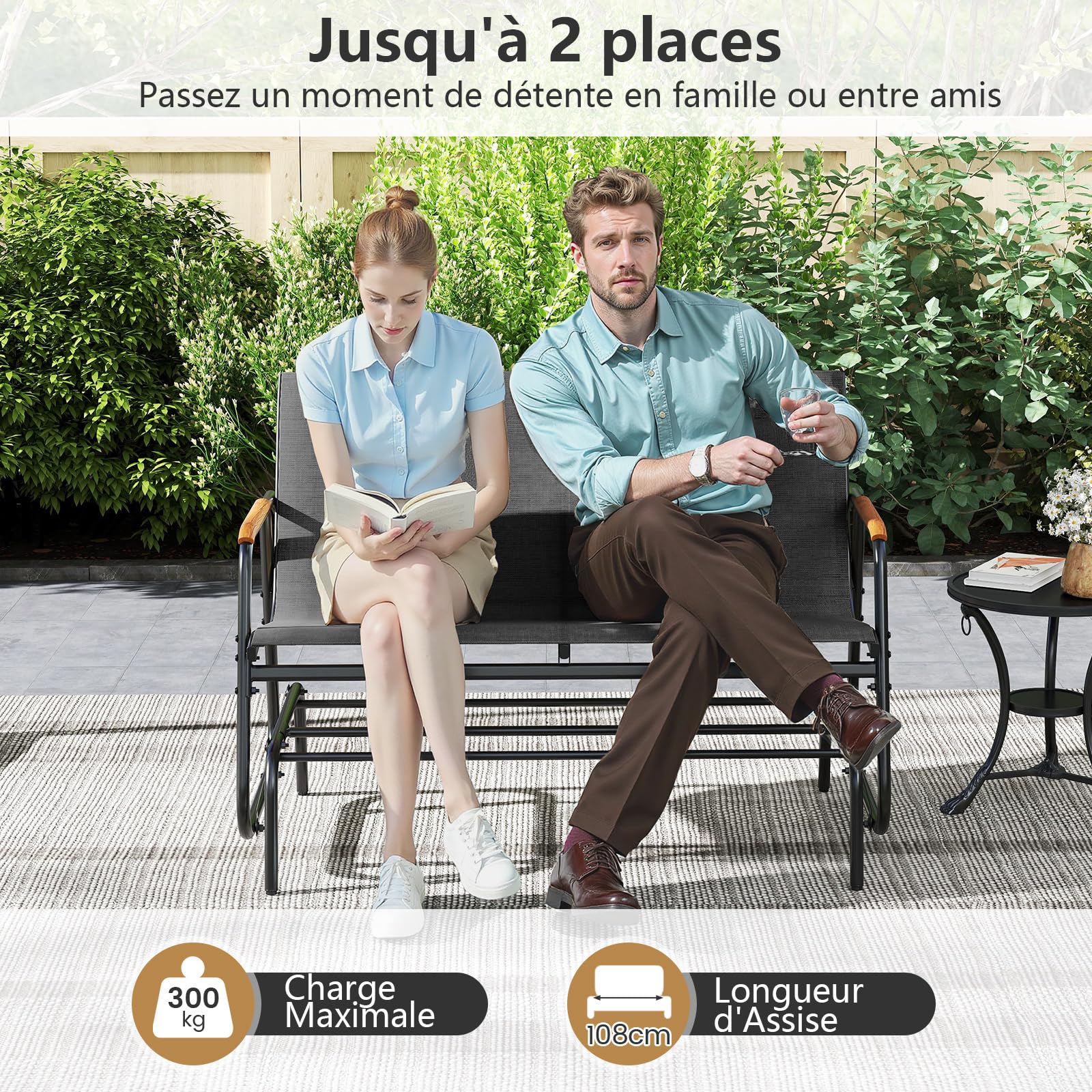 COSTWAY Banc de Jardin à Bascule, Charge 300 kg, 115 × 74 × 84 cm, Gris