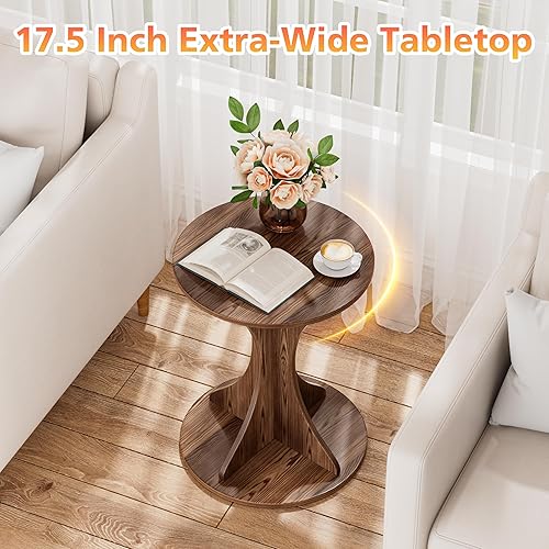 Miniatura 3 de Mesa auxiliar redonda pequeña, mesa auxiliar de madera para sala de estar, moderna mesita de noche circular con pedestal para espacios pequeños,