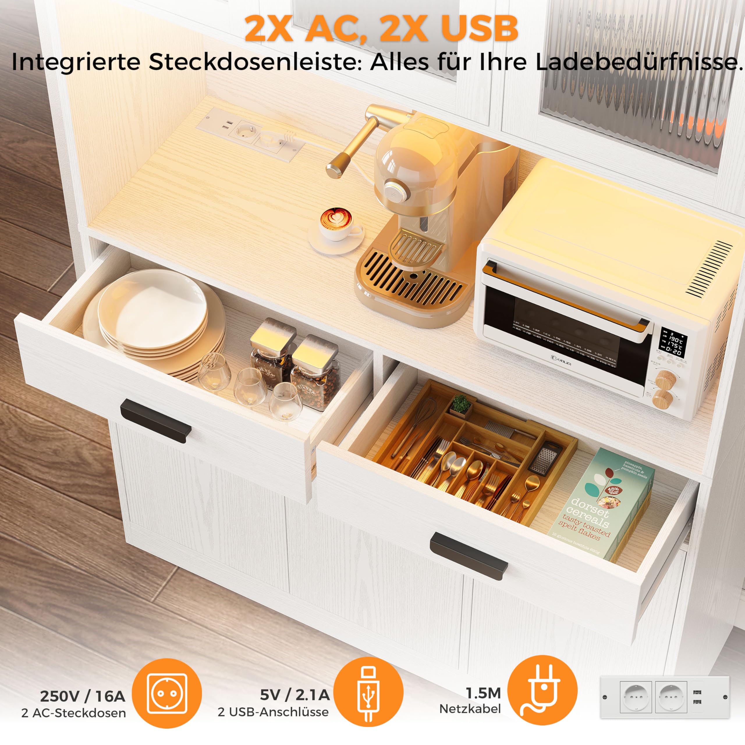 IRONCK Hocher Küchenschrank mit LED Beleuchtung & Steckdose USB Ladeports, Buffetschrank mit Arbeitsplatte 2 Schubladen Magnettüren Sideboard für Kaffeebar Küche Wohnzimmer Esszimmer 180x110x38cm Weiß