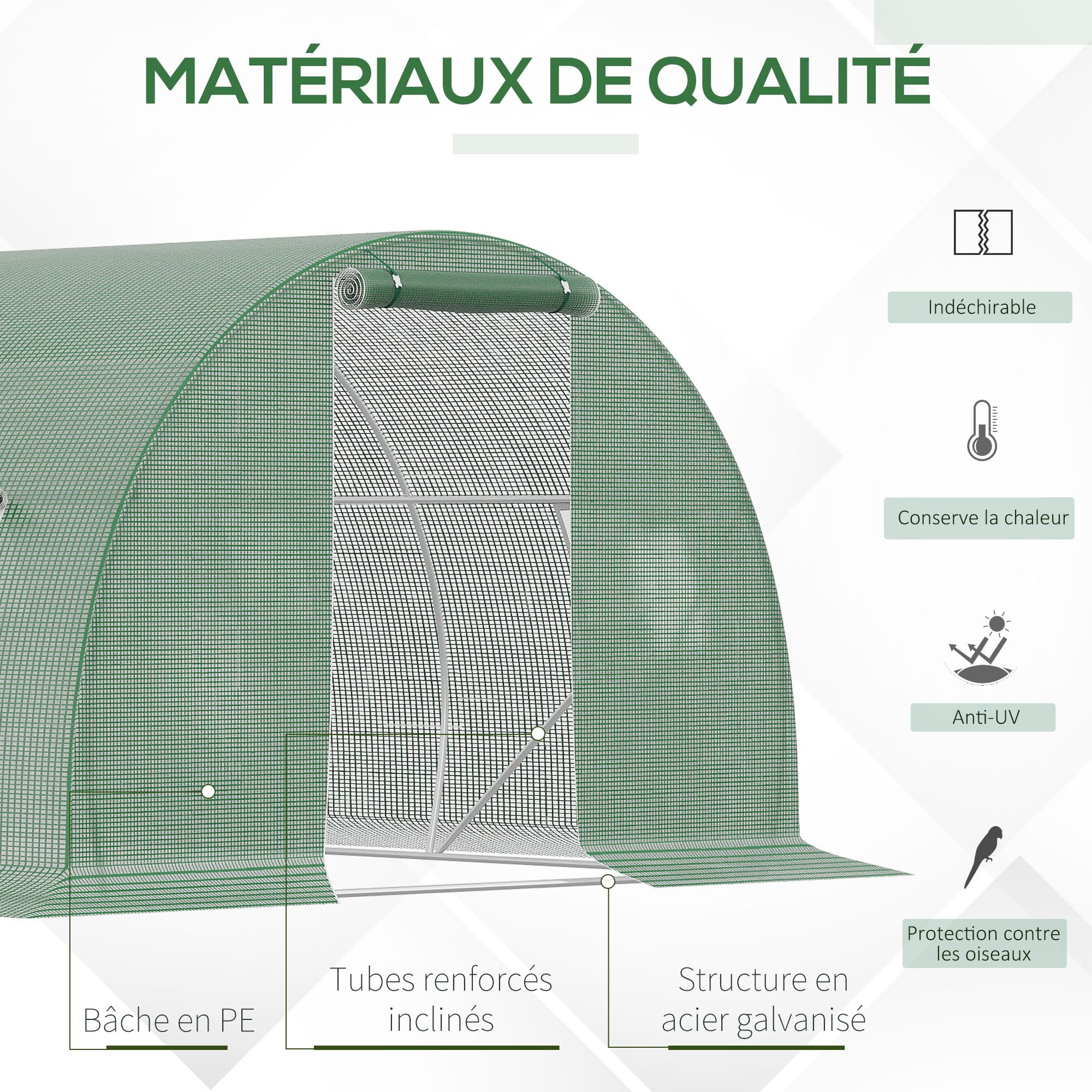 Outsunny Serre de Jardin Tunnel 13,5 m² dim. 4,5L x 3l x 2H m - 6 fenêtres, Porte zippée Enroulable - châssis Tubulaire Acier galvanisé, bâche PE Haute densité Vert