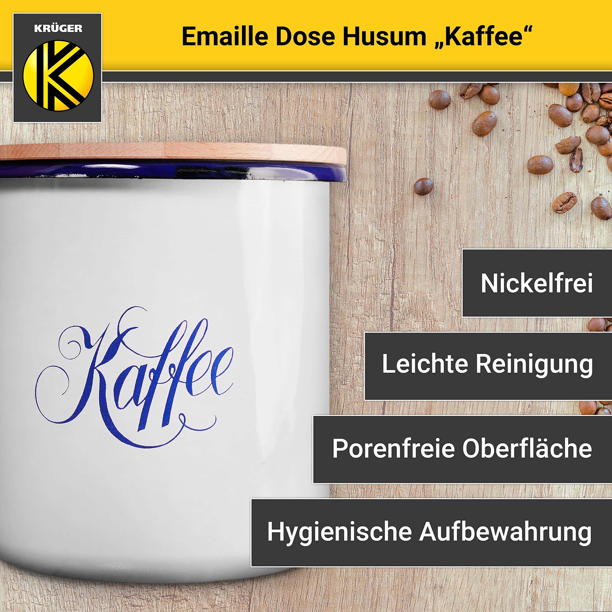 Krüger Emaille-Dose Husum "Kaffee" 3,5 Liter - schnitt- und kratzfeste Aufbewahrungsbox mit Deckel - Silikondichtungsring für luftdichtes Verschließen - spülmaschinengeeignet