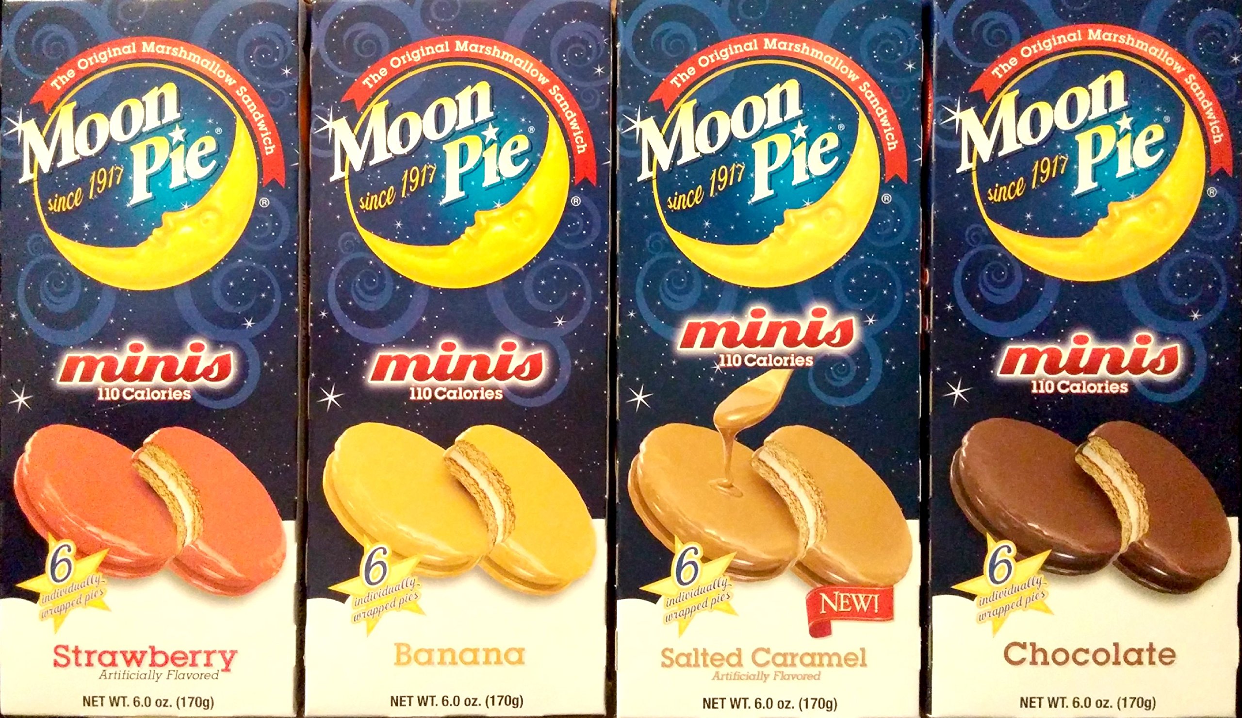 Moon Pie Variety Pack (4 Boxes) - 1 Chocolate, 1 Strawberry, 1 Salted Caramel, and 1 Banana - (6 Pies in each box) 110 Calories per Pie
