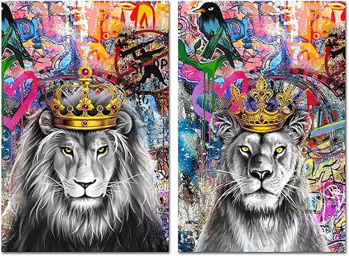 Saypeacher 2 piezas de 24 x 36 pulgadas, tamaño grande, rey y reina león con corona, lienzo enmarcado para pared, imágenes de animales coloridos de