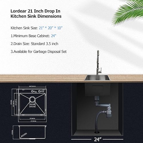 Miniatura 7 de Lordear - Fregadero de cocina encajado de 21 x 20 x 10 pulgadas, tipo bar, de acero inoxidable de calibre 16, con una sola cubeta, para exteriores