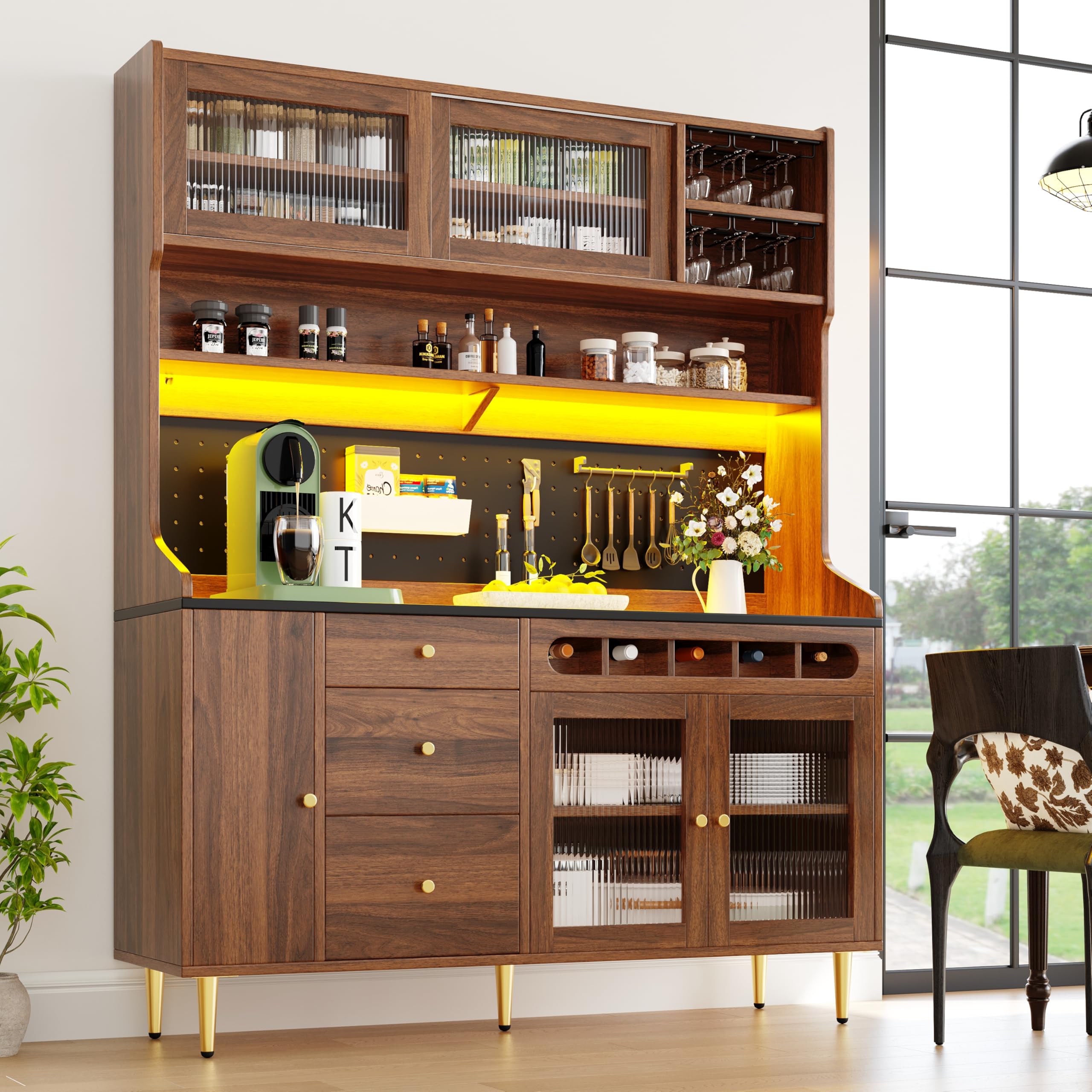 Armadio a buffet, alto, da cucina, da soggiorno con ripiani regolabili, con illuminazione a LED e scaffale per vino, 5 ante e 3 cassetti, per cucina, sala da pranzo, 145 x 39 x 171 cm (noce)
