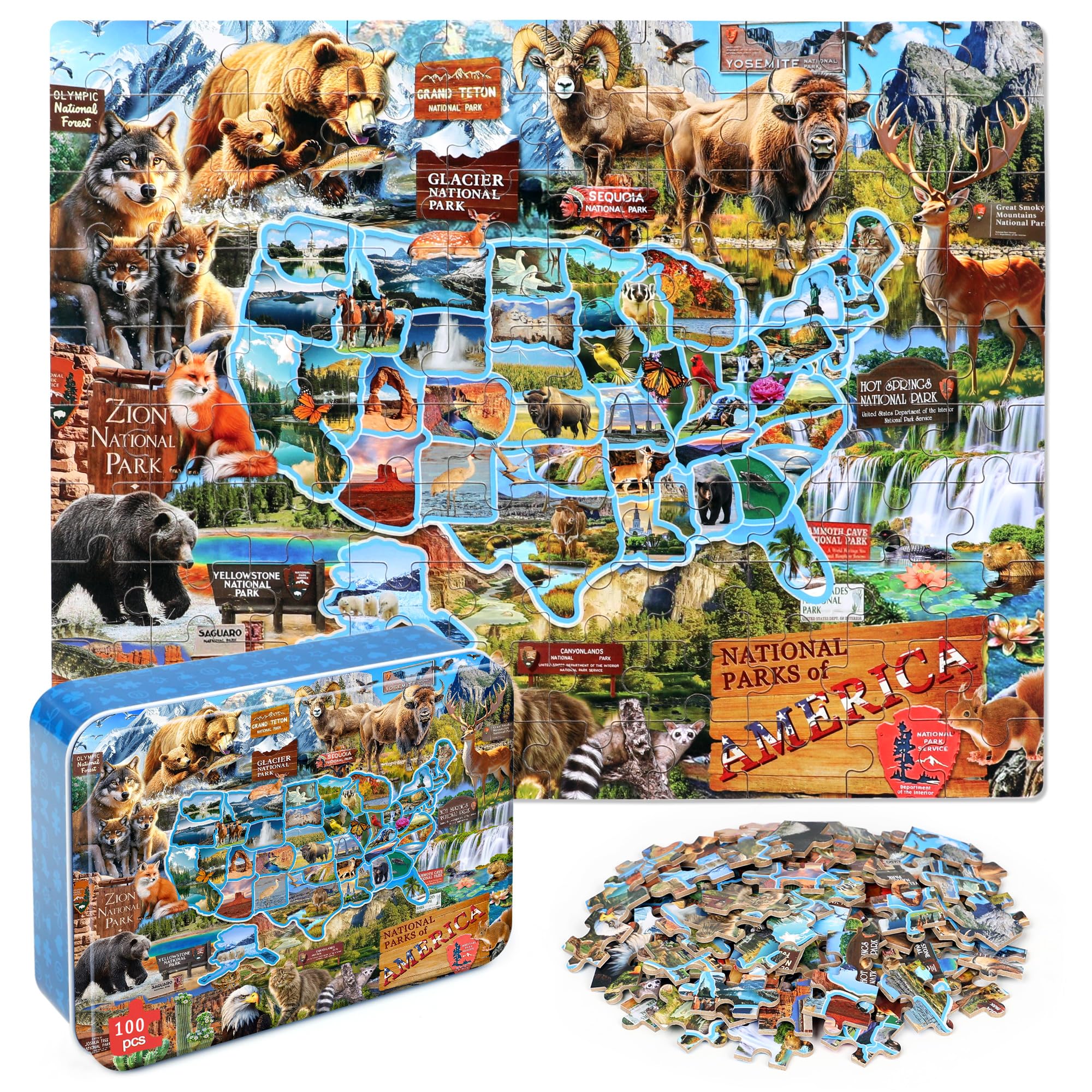 LELEMON Puzzle pour enfants de 4 à 6 ans, carte des parcs nationaux, puzzles de 100 pièces pour enfants de 4 à 8 ans dans une boîte en métal, puzzles éducatifs de 100 pièces, puzzles pour