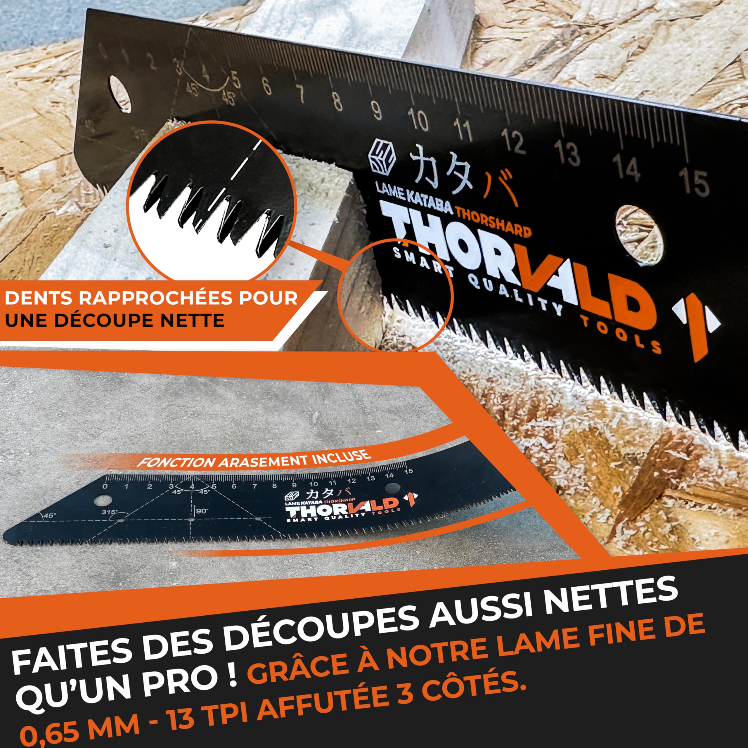 THORVALD Scie Japonaise Menuisier Kataba Pliable - Lame 23cm Avec Règle 15 cm Compas et Equerres + Crayon Chantier + Protection - Idéale Bois Brut, Contrecollé, PVC. Souple et Résistante