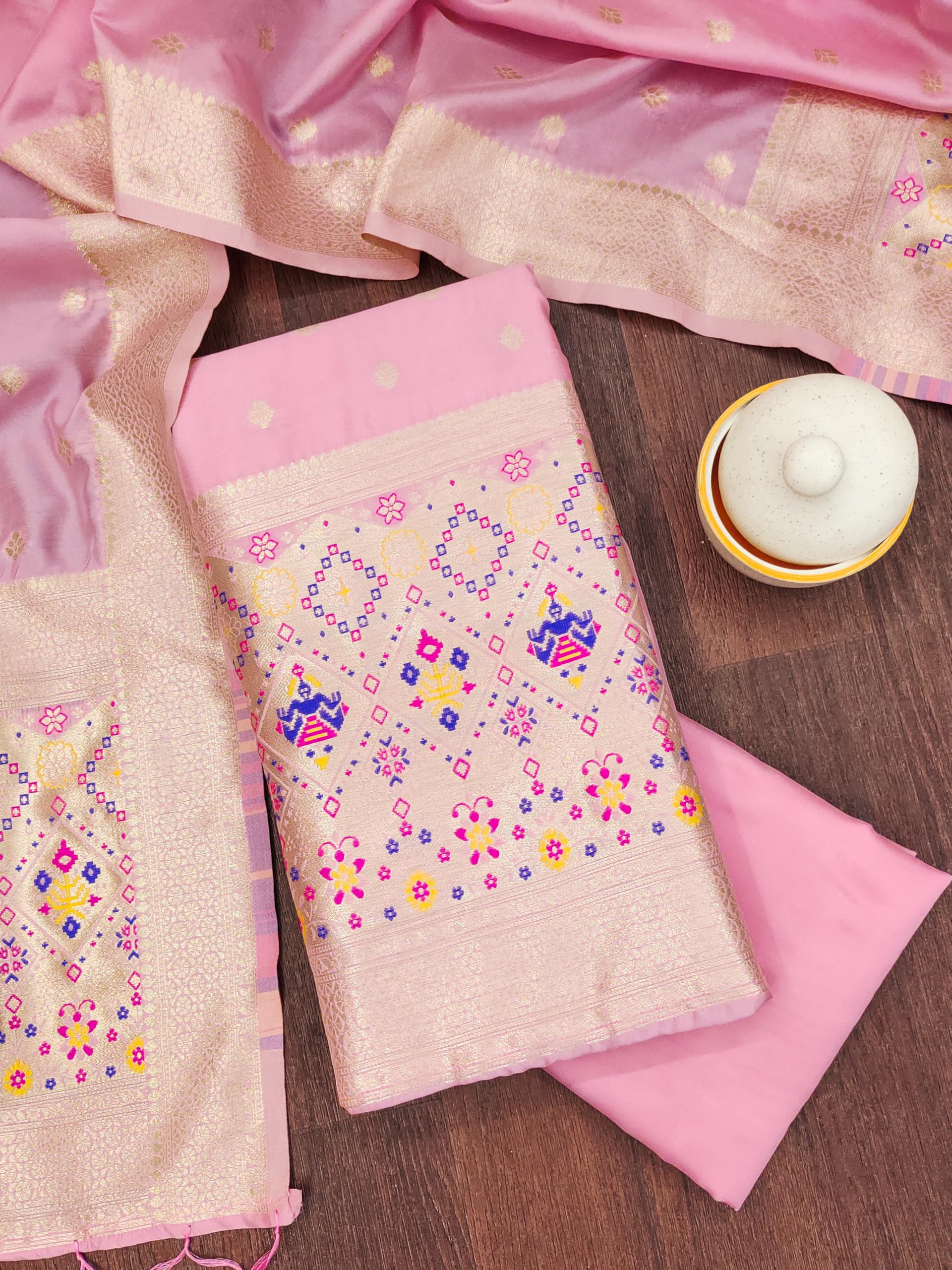DEVANGI Women's Banarasi Patola Silk Unstitched Salwar Suit Dress Material With Dupatta (OM-ST-36-BABYPINK) - Image 3 thumbnail