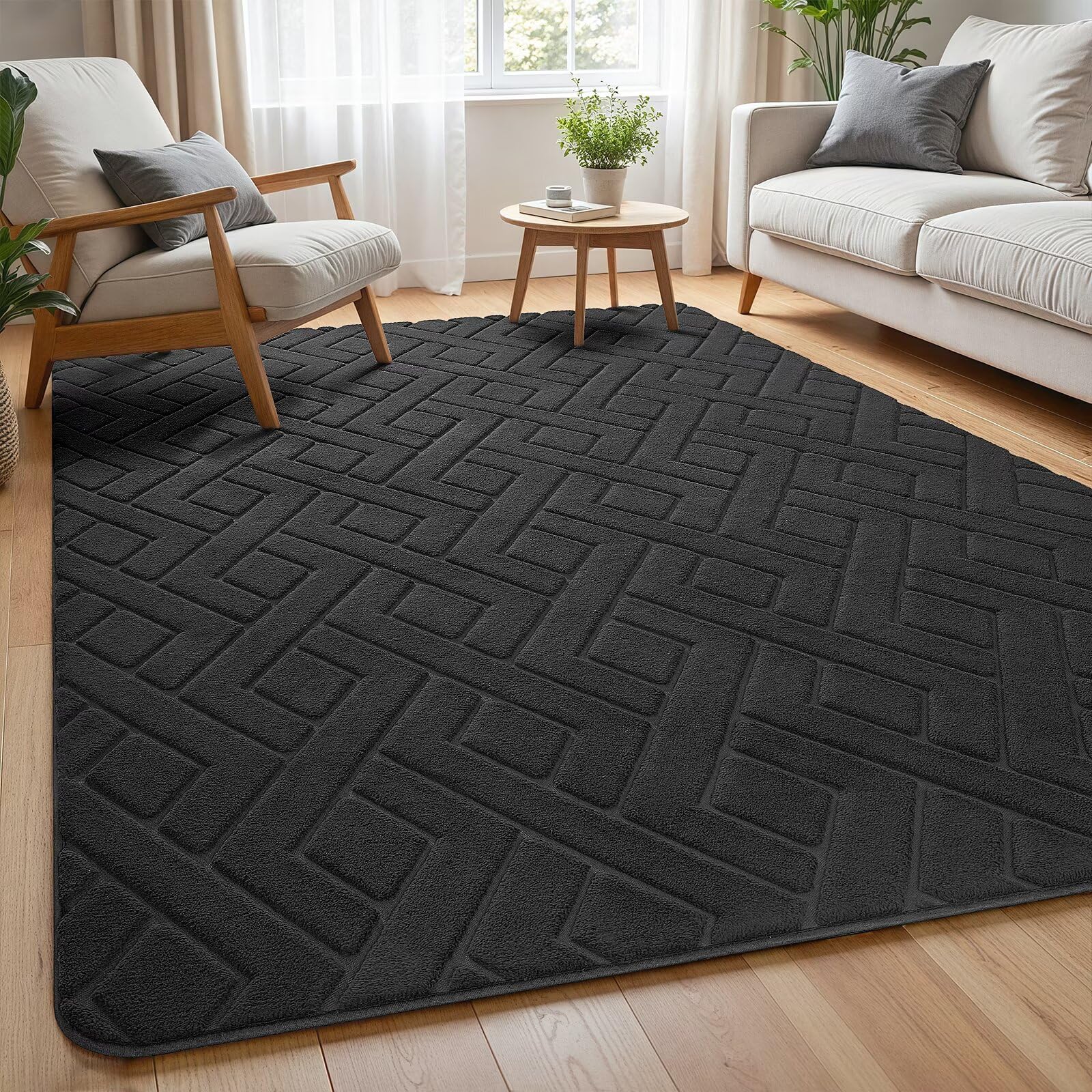 Macgace Ultra Soft Dark Grey Area Rug for Living Room, 5x7 Modern Geometric Shag Rugs with Nonslip Backing for Bedroom, Washable Fuzzy Carpet for Cozy